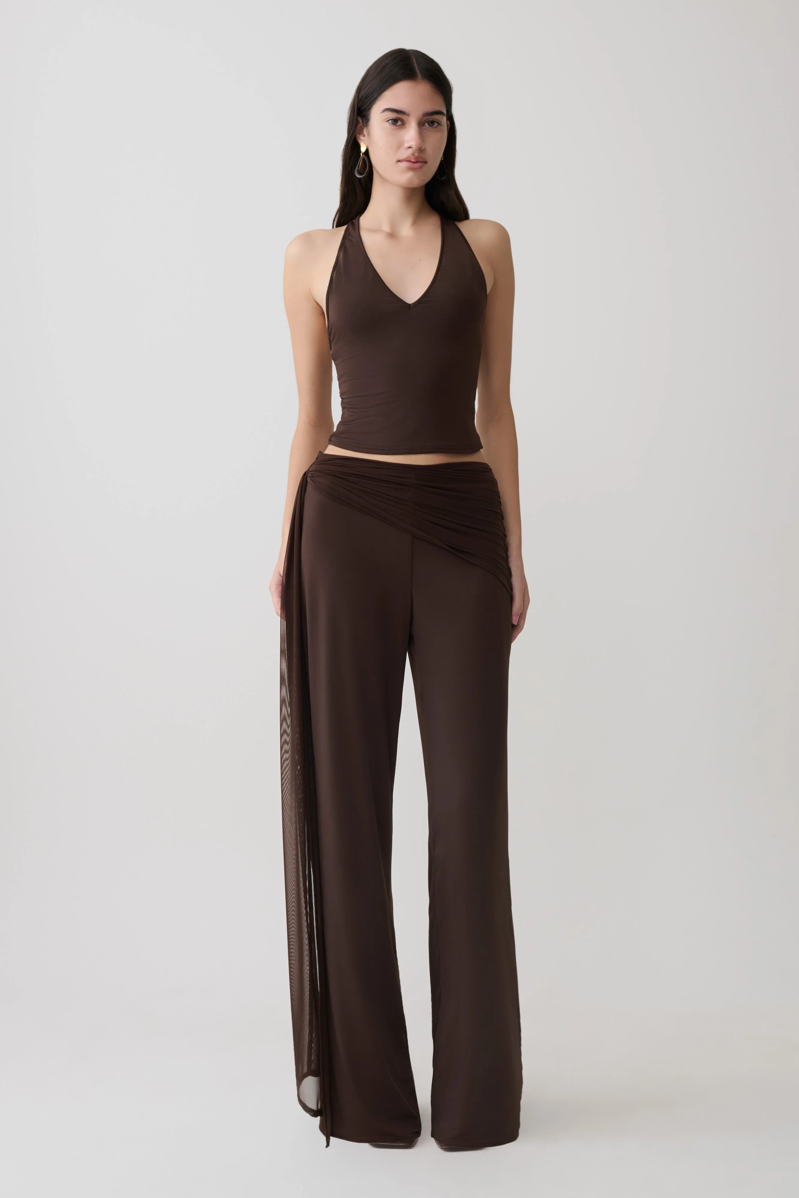 Aspyn Slinky Gathered Wide Leg Pants - Chocolate