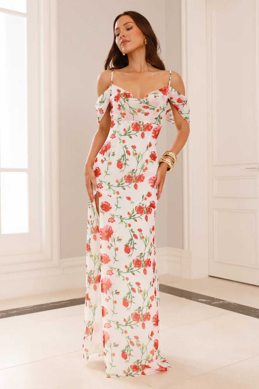 Rose Reverie Off Shoulder Maxi Dress White - luluinthesky