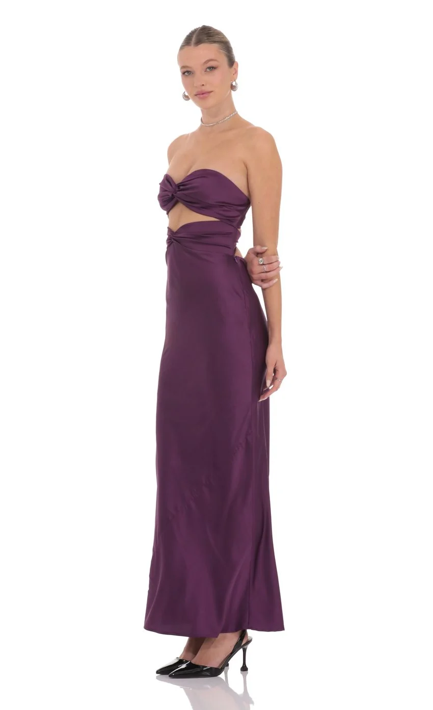 Satin Twist Cutout Maxi Dress in Purple