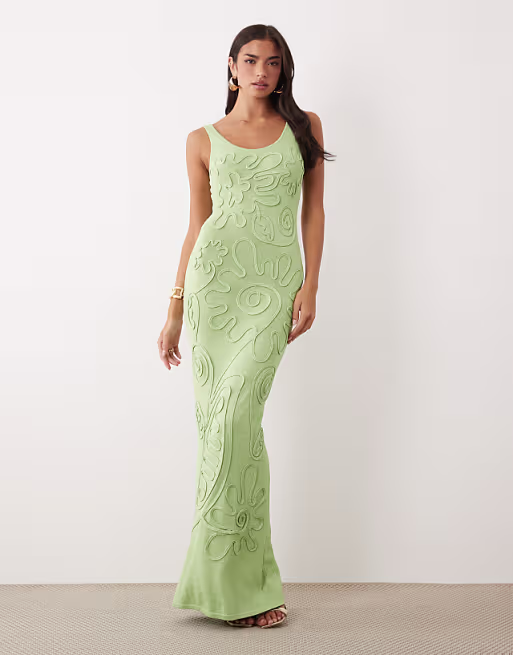 Wanderdoll Sunnie knit abstract detail tie back maxi dress in sage