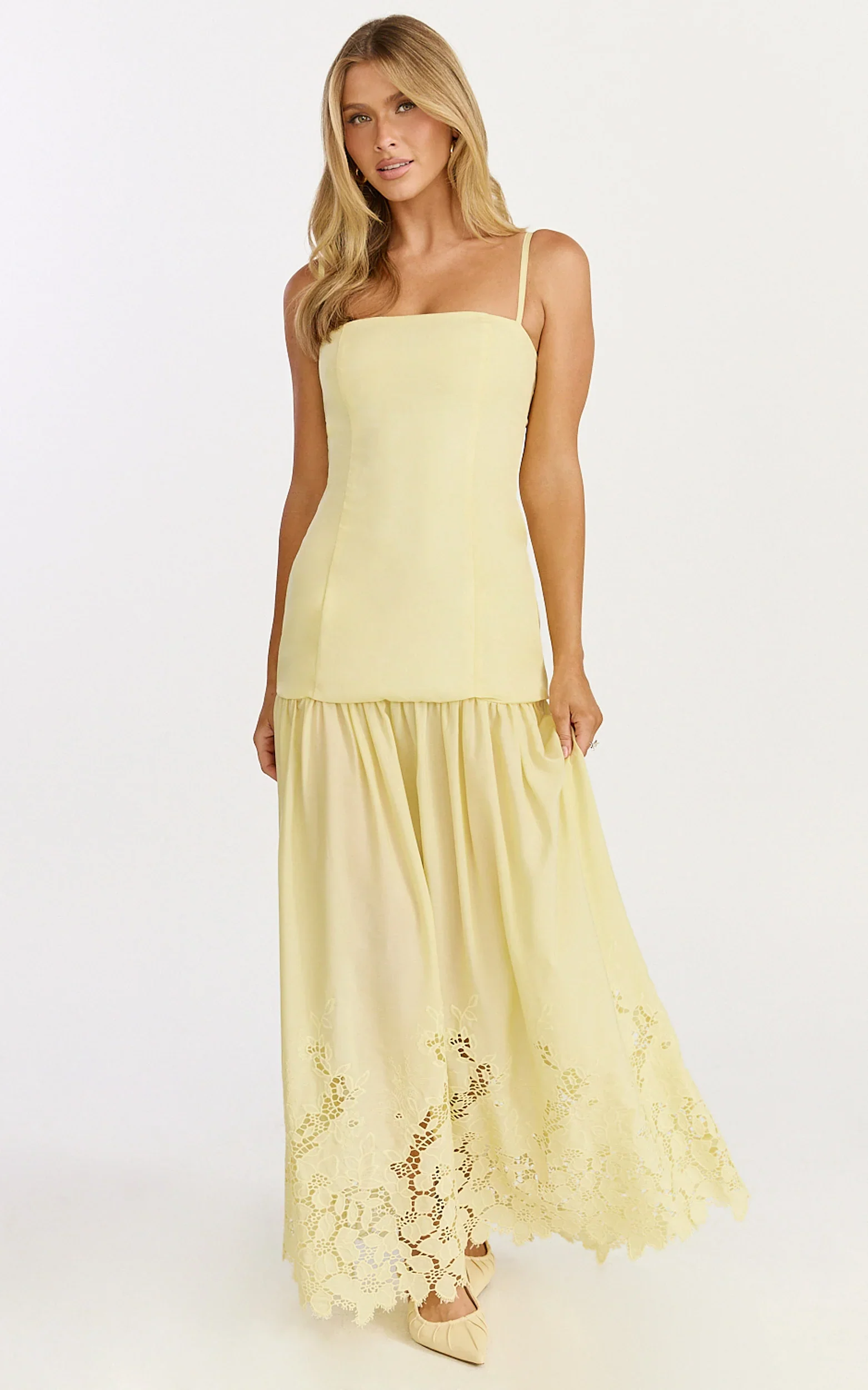 Everly Maxi Dress - Straight Neck Broderie Cut Out Hem Dress in Lemon