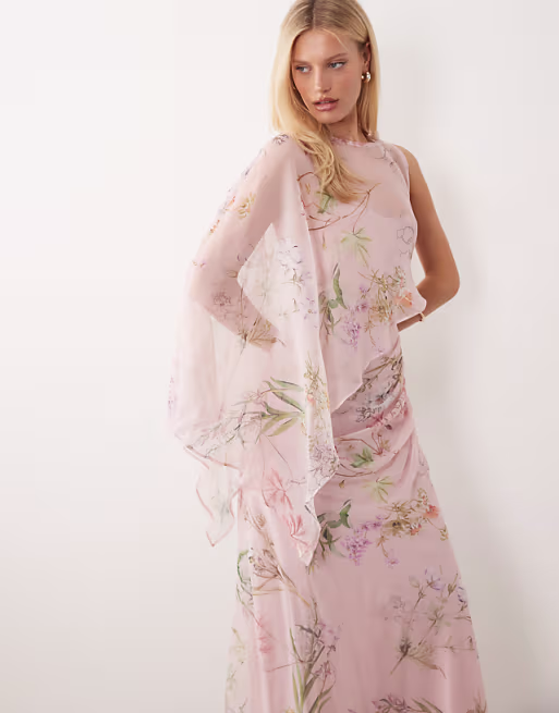 draped batwing asymmetric one-sleeve maxi dress in pink floral