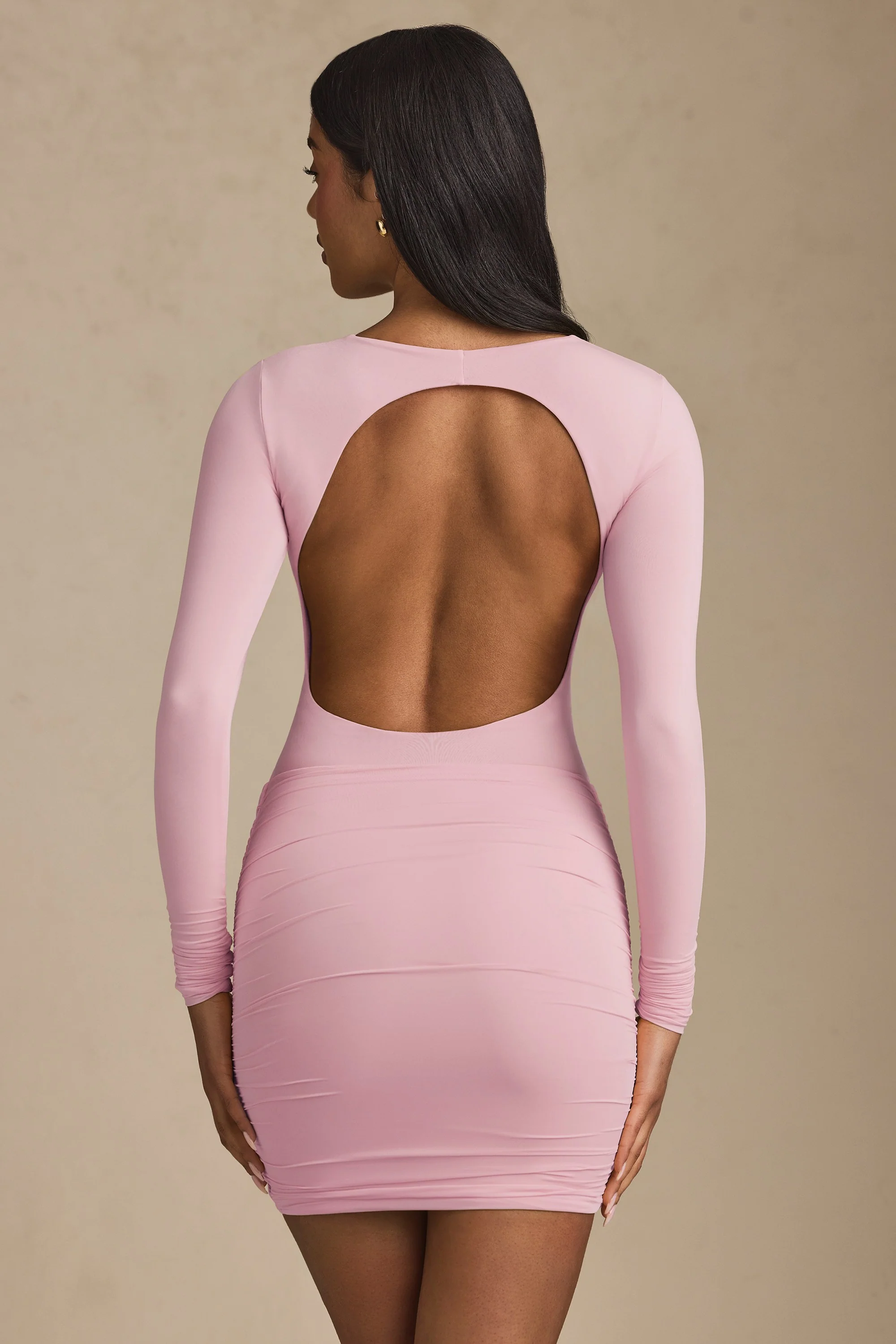 Modal Twist-Front Ruched Backless Mini Dress in Soft Pink