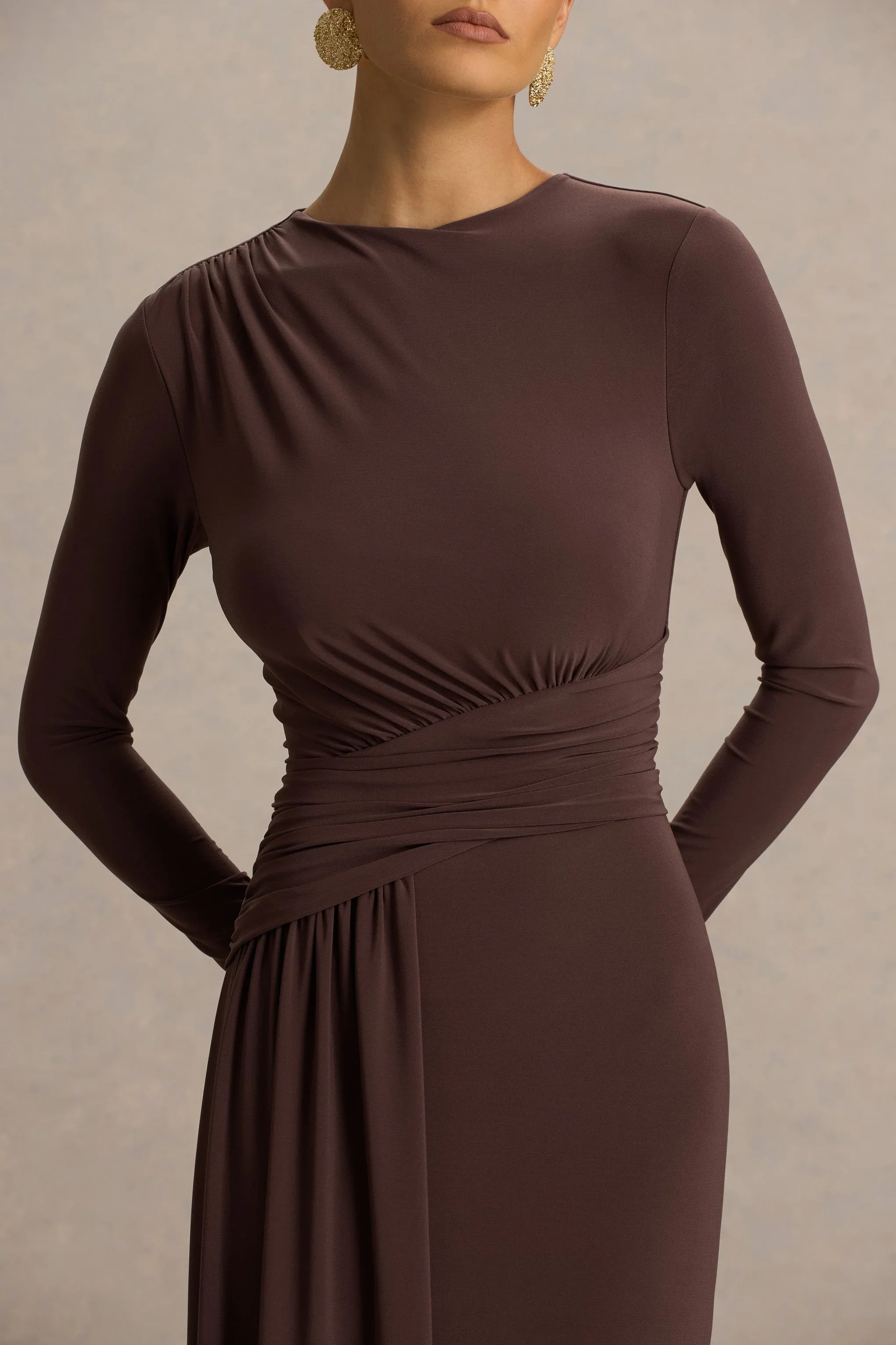 Virelle | Brown Boat-Neck Maxi Dress With Wrap Detail And Sash