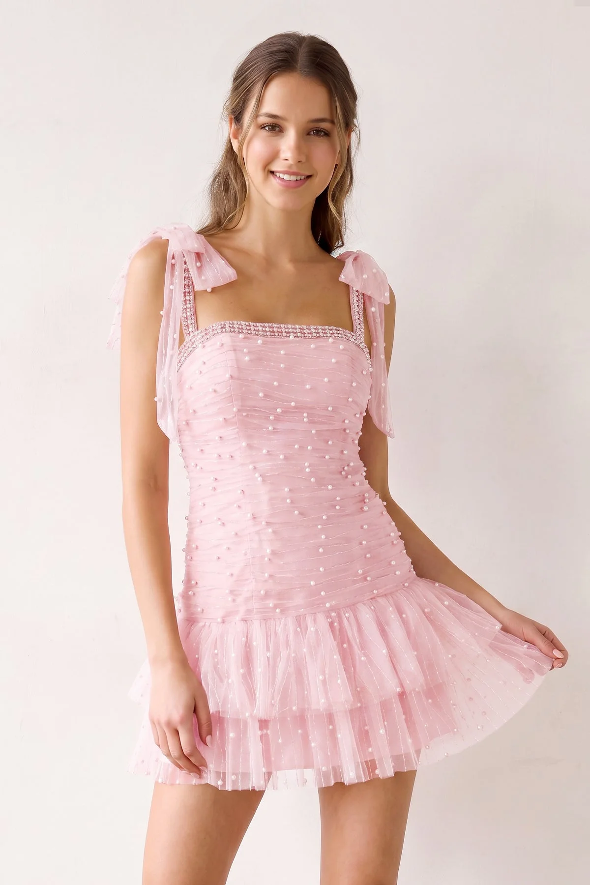 Pink Square Neck A-Line Ruffled Tulle Homecoming Dress with Pearl
