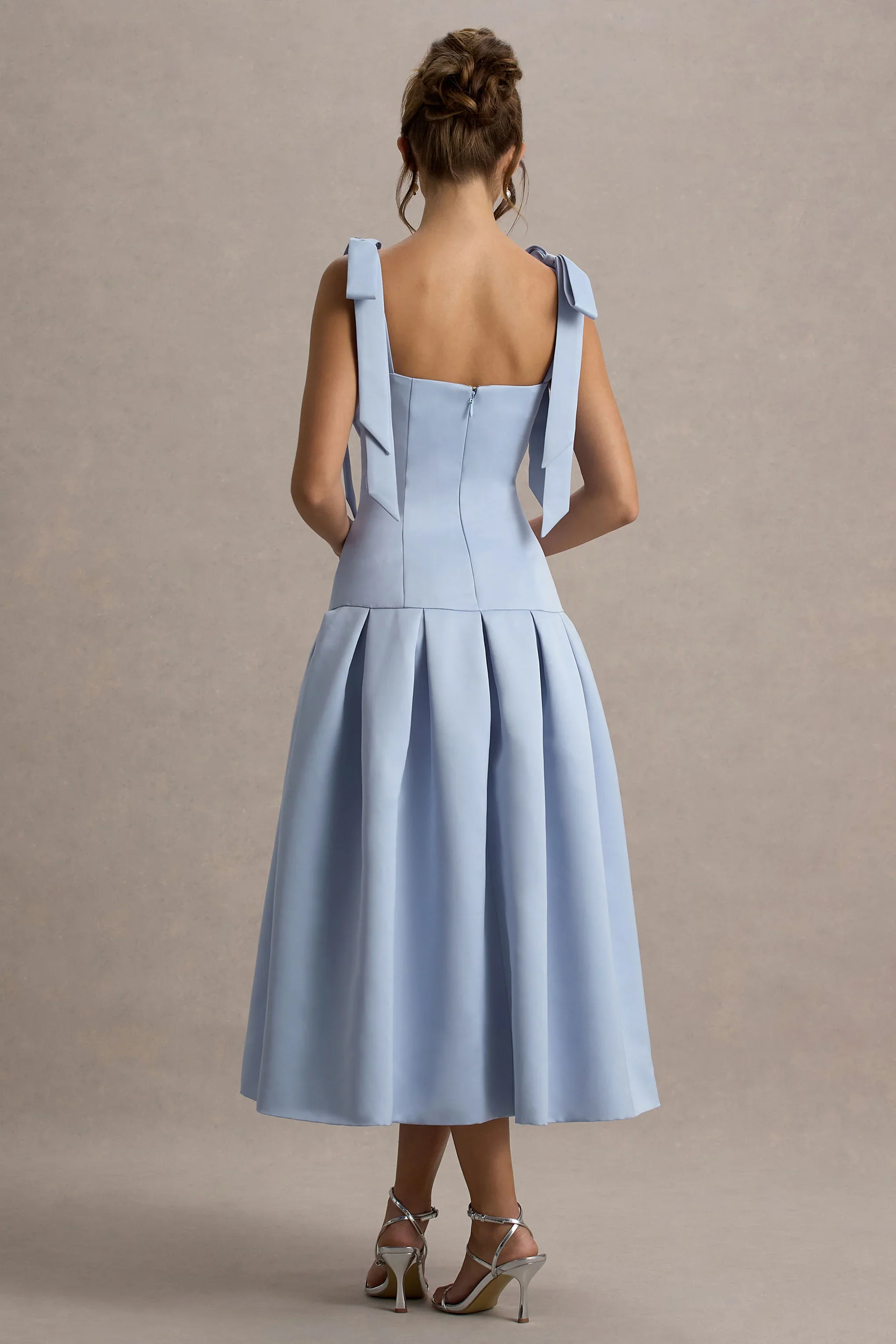 Alberta | Powder Blue Satin Square-Neck Midi Dress With Bow Straps