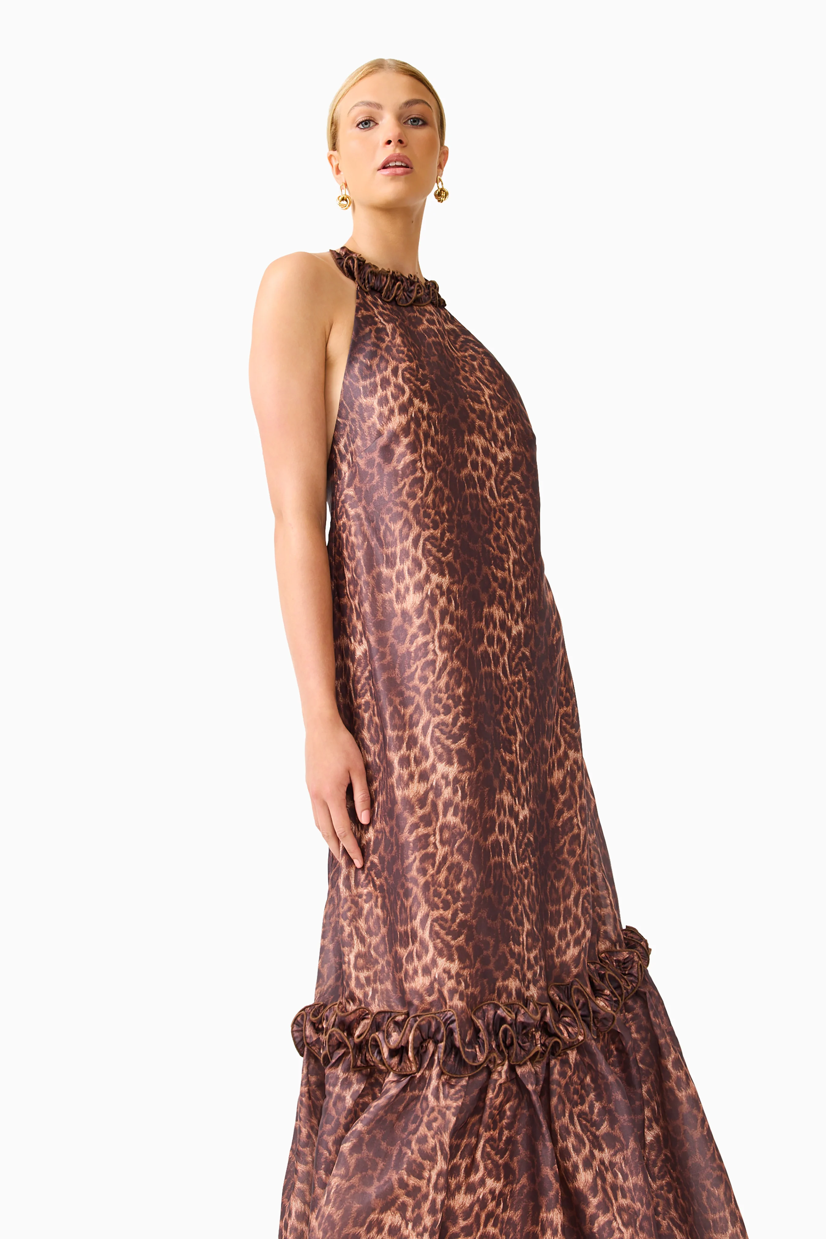 CURAAE Zamira Halter Maxi Dress in Brown Multi