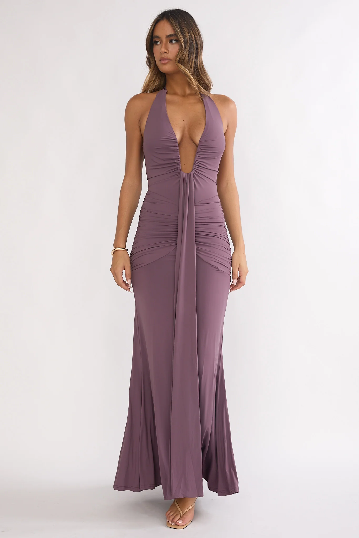 Brienna Halter Ruched Maxi Dress Mauve