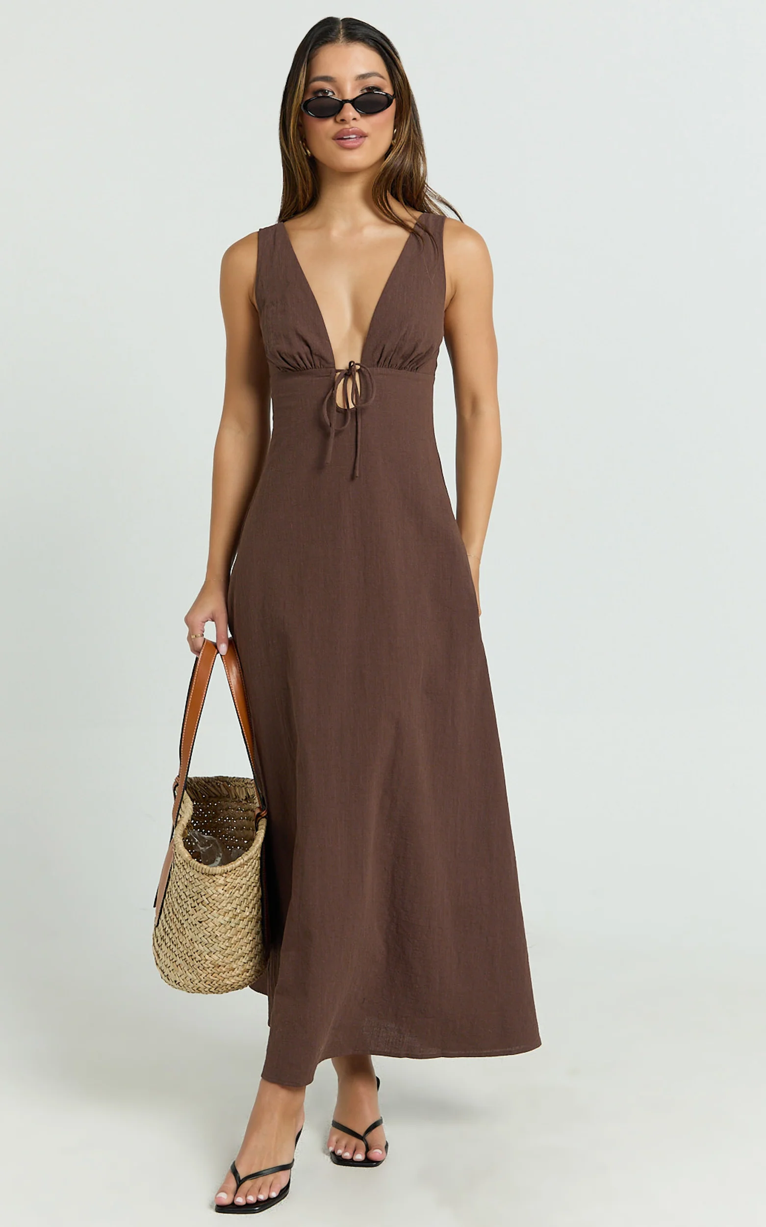 Silvena Midi Dress - Plunge Neckline Tie Front A Line Dress in Chocolate