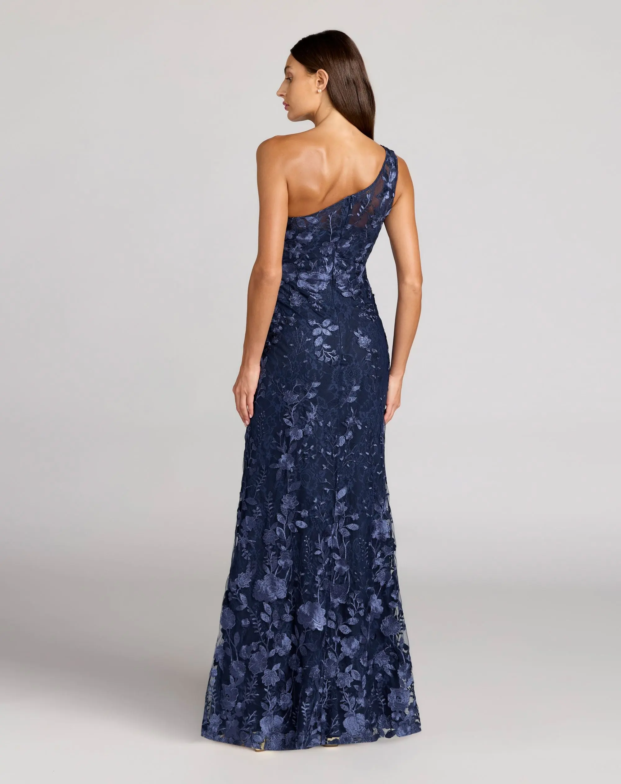 Navy One Shoulder Floral Embroidered Gown - FASHION NOB