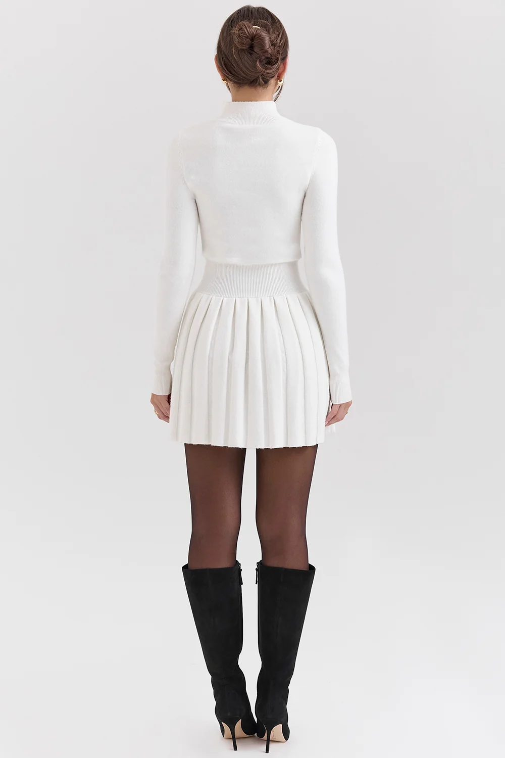 White Cashmere Blend Pleated Skated Mini Dress
