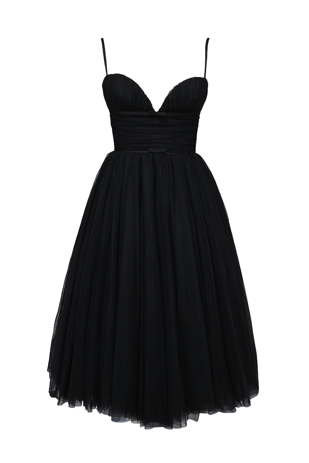 Black Tulle Ruched Bodice Midi Dress