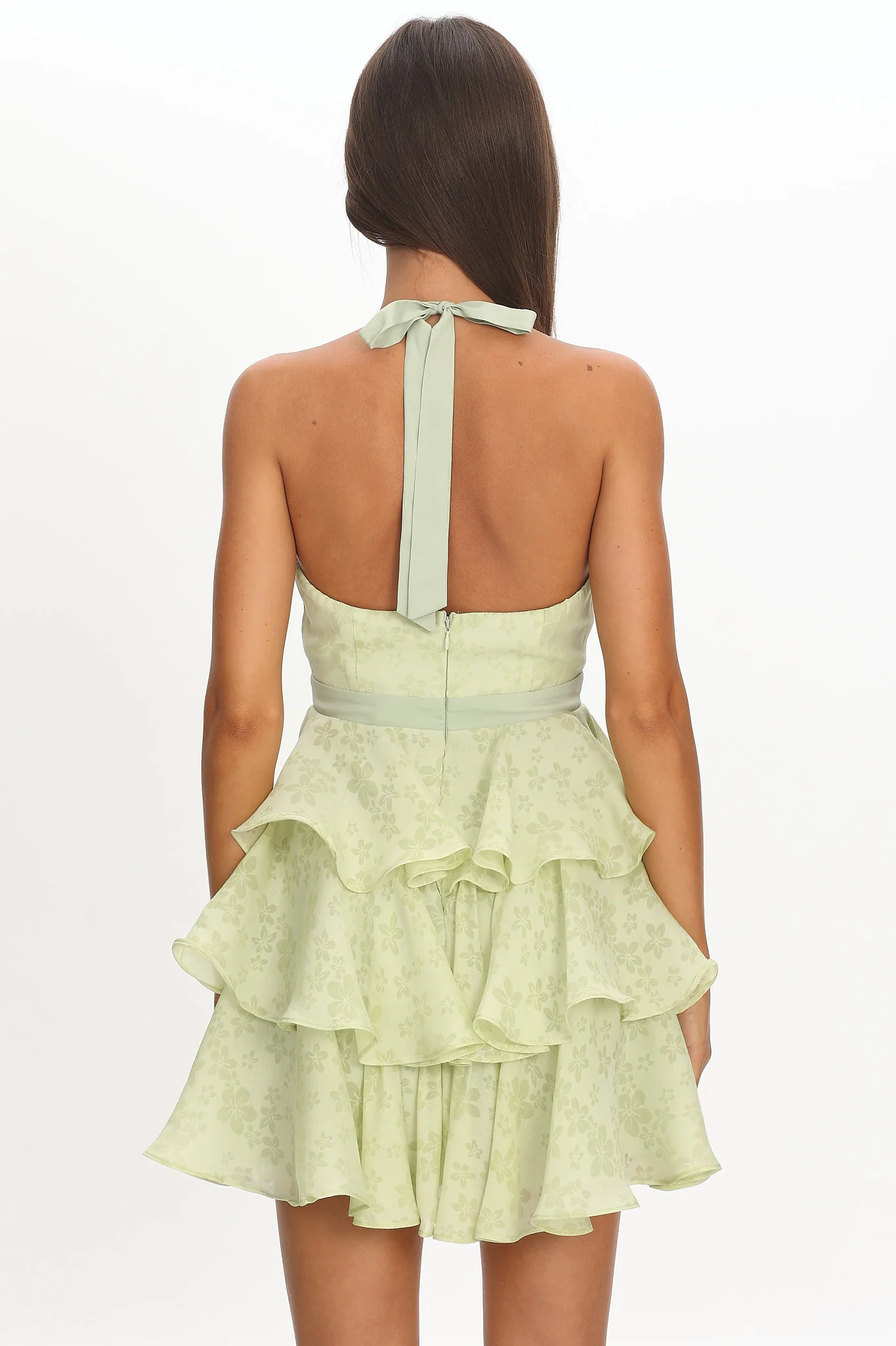 Ayala Halterneck Ruffle Mini Dress Floral Lime - luluinthesky