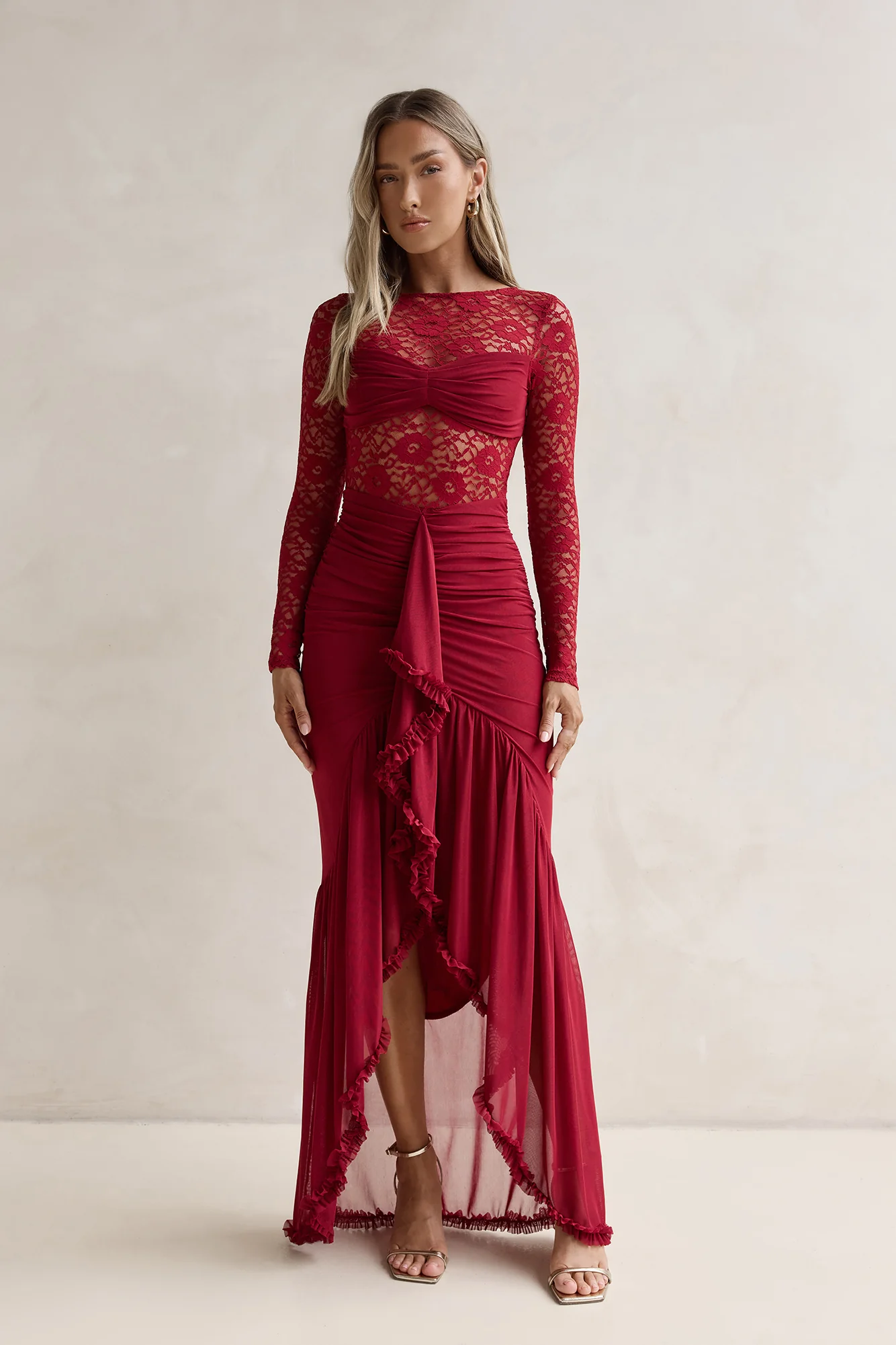 Flirtation Hour Lace Long Sleeve Maxi Dress Burgundy