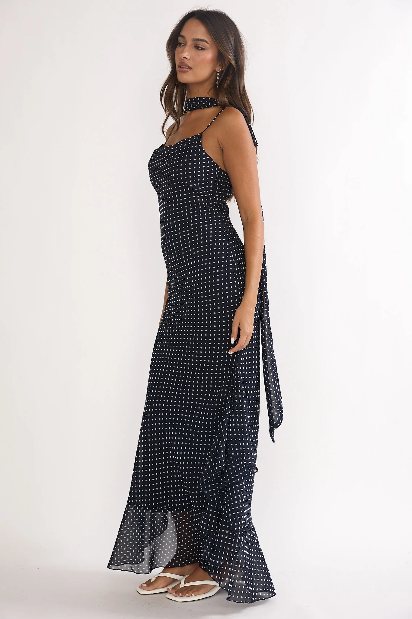 Emmara Tied Shoulder Maxi Dress Polka Dot Navy