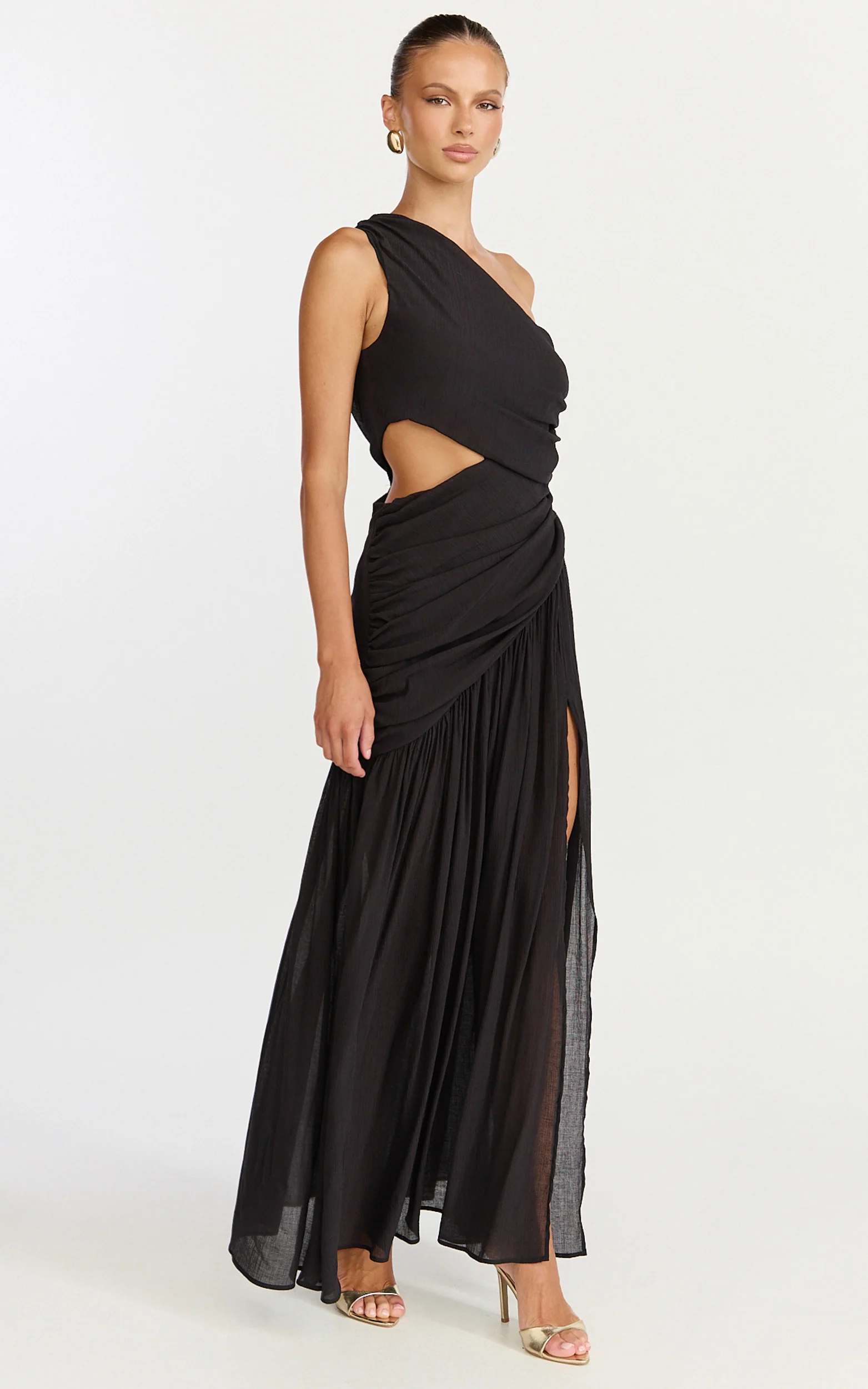 Darcy Maxi Dress - One Shoulder Side Cut Out Gathered Dress in Black
