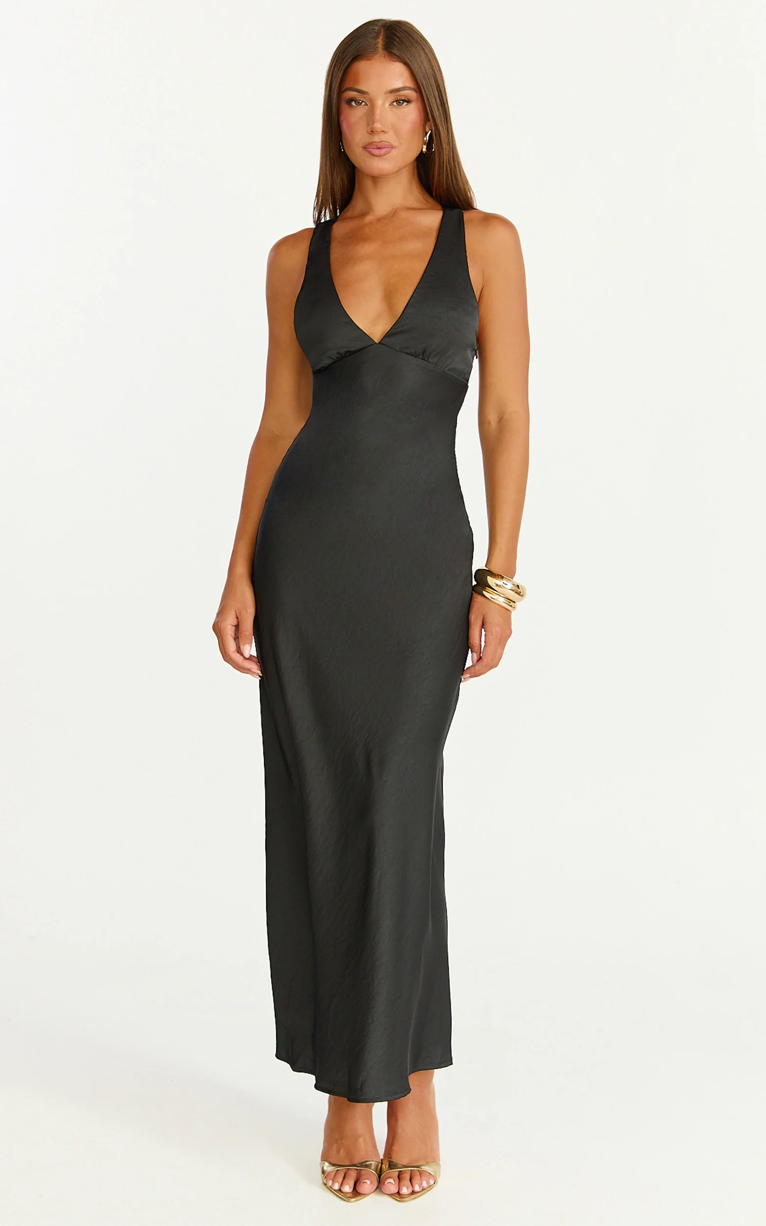 Khalani Midi Dress - Deep V Neck Satin Slip Dress in Black