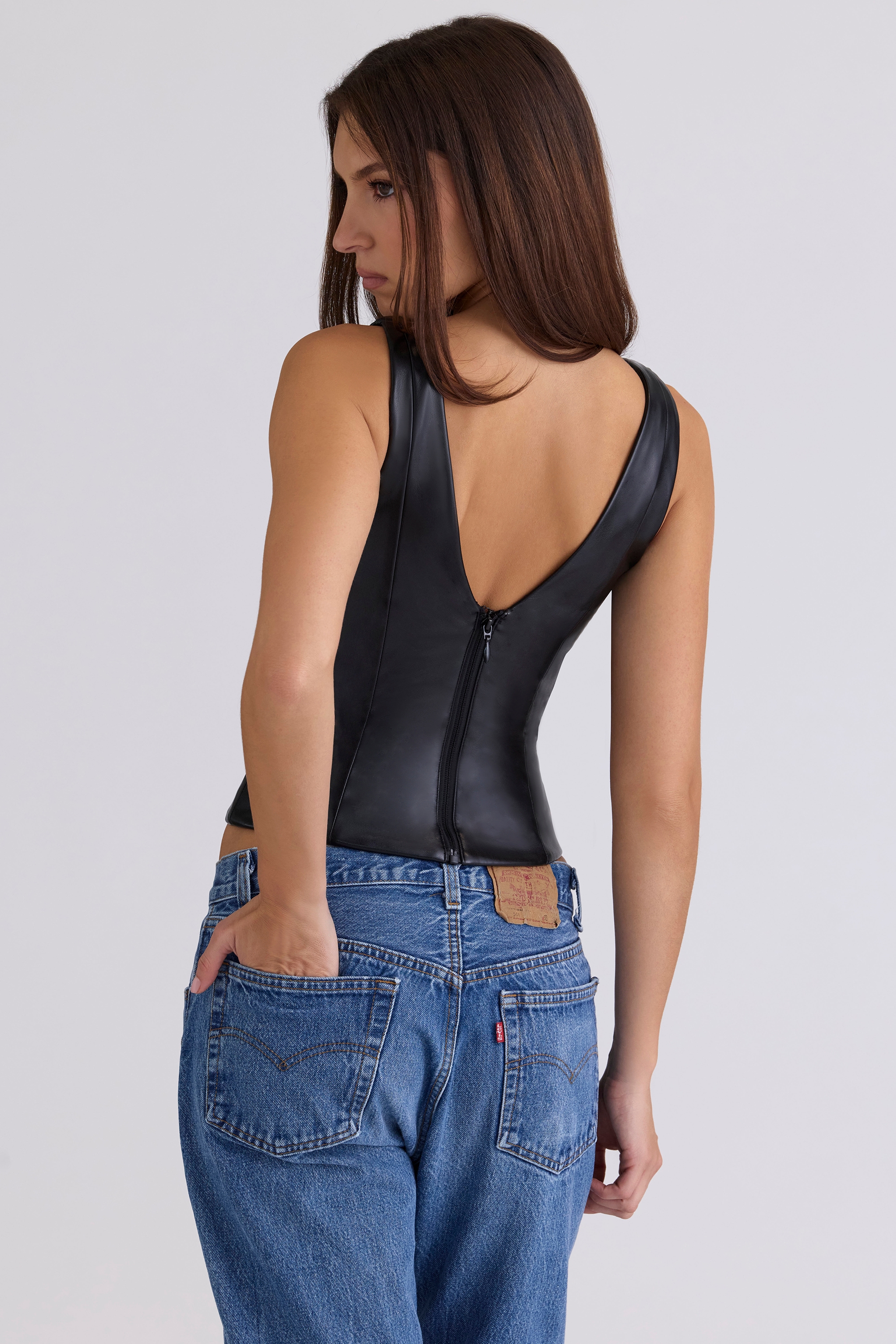 Black Vegan Leather V-neck Top