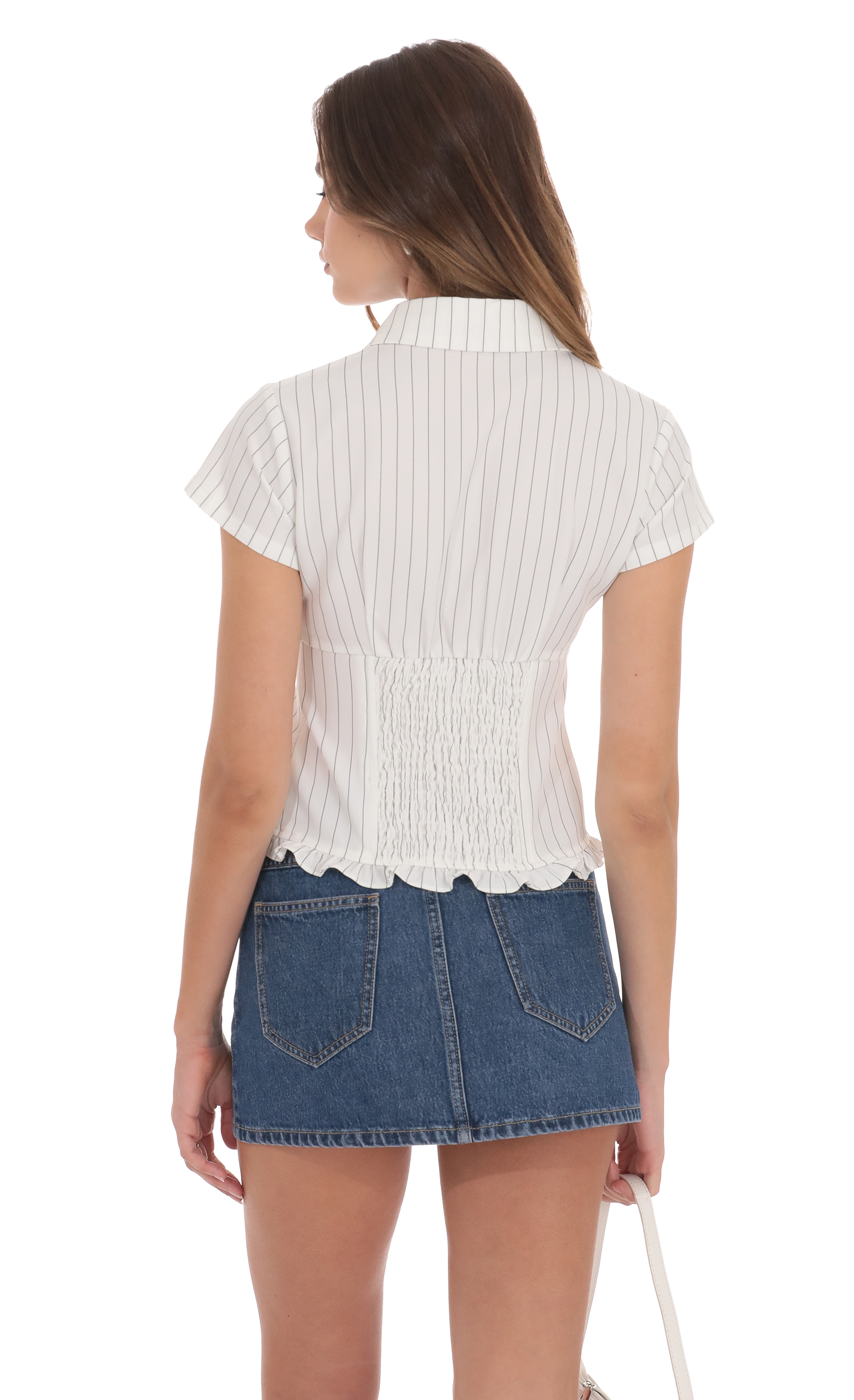 PinStripe Button-Up Ruffle Top in White - luluinthesky