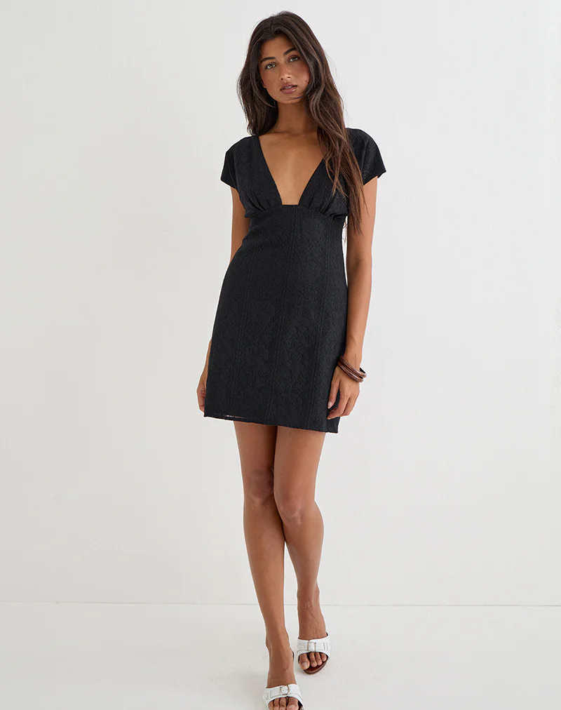 Yenna Plunge Mini Dress in Floral Lace Black