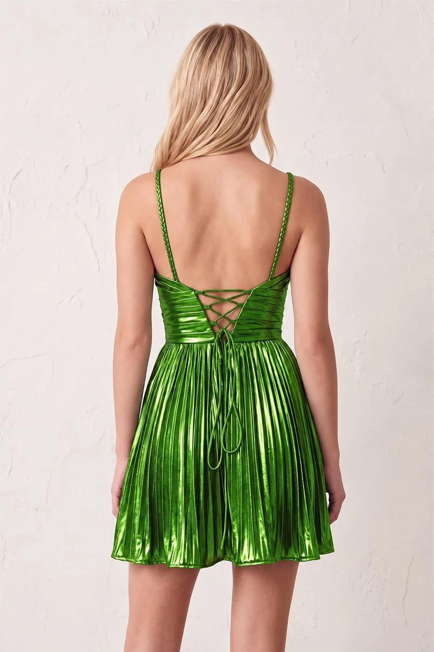 Gloden A-Line Metallic Spaghetti Strap Pleated Homecoming Dress