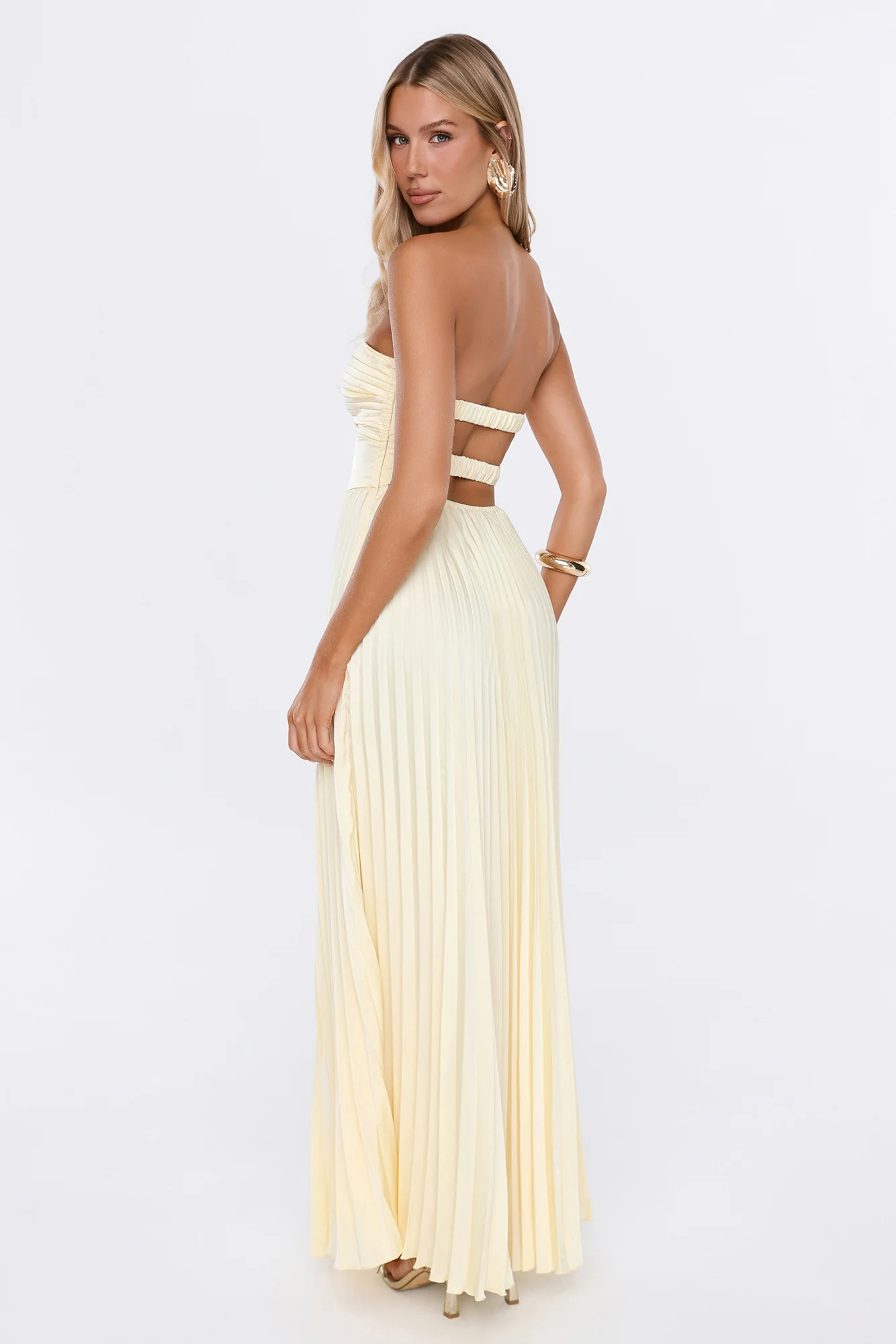 Dress Society Satin Pleated Strapless Maxi Dress Yellow