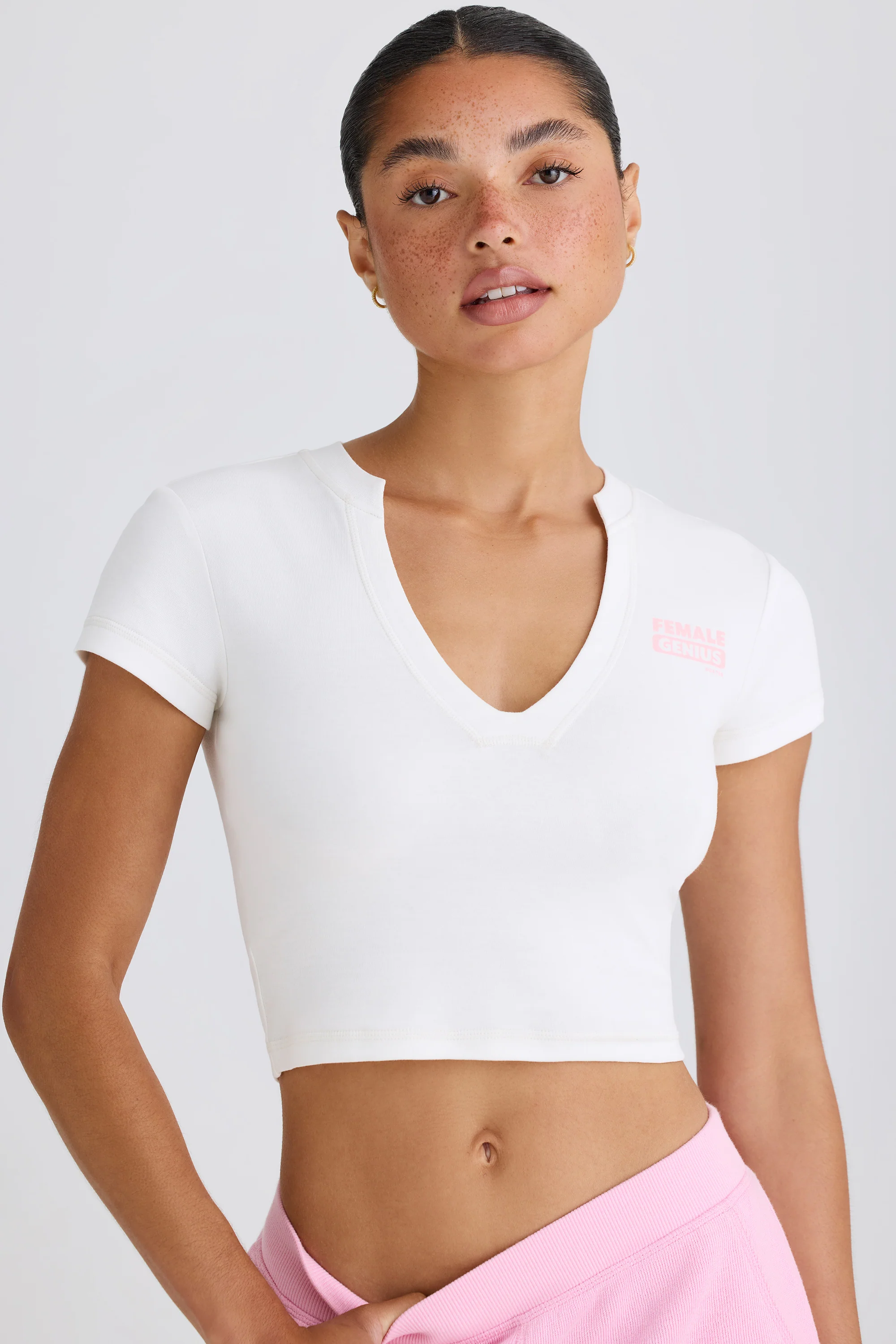 Stretch Cotton Jersey Graphic Print Cropped T-Shirt in White