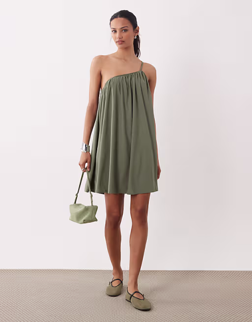 textured one shoulder mini dress in khaki green