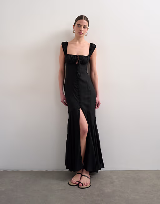 Topshop button front cap sleeve maxi sundress in black