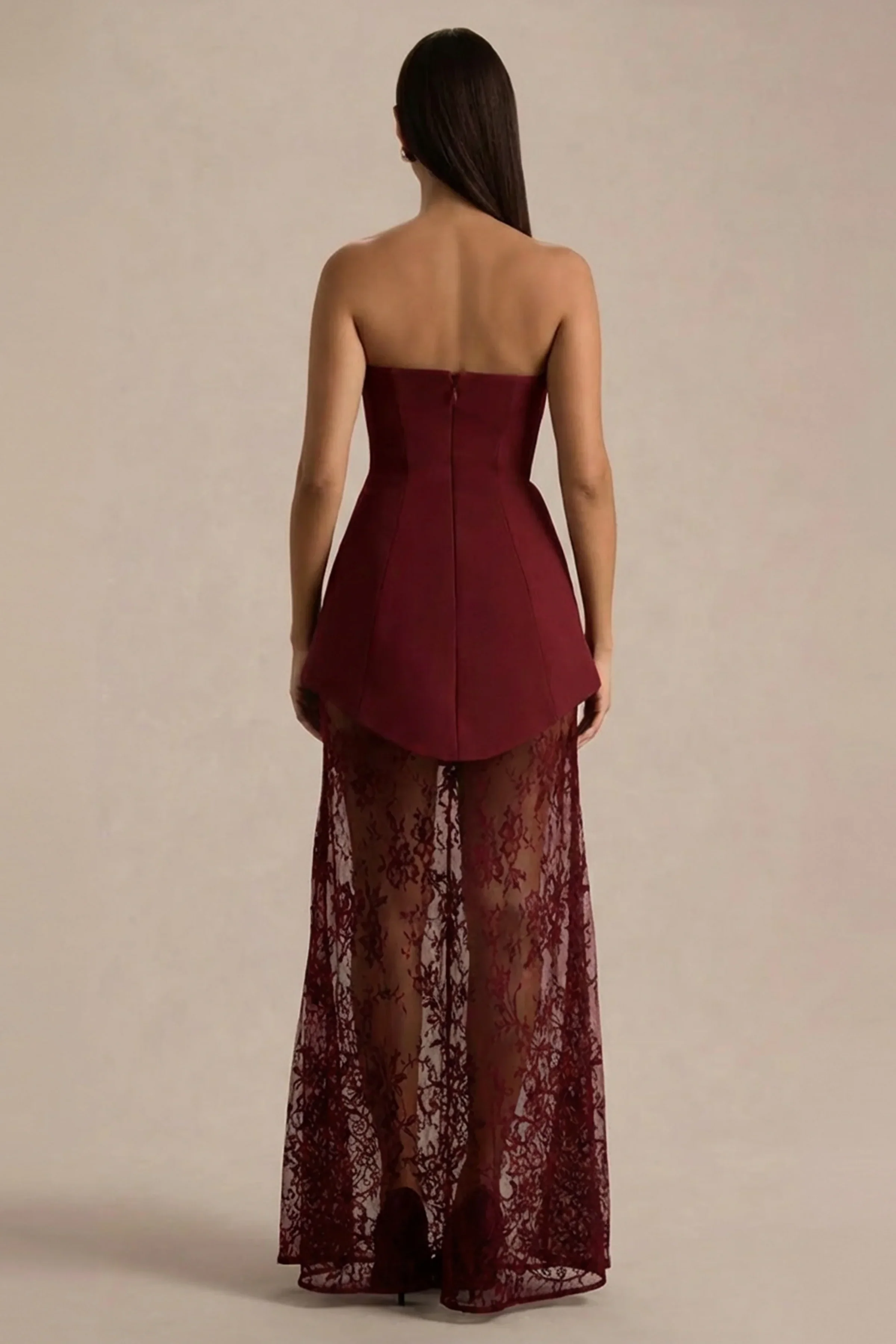 Brandi | Burgundy Bandeau Maxi Dress With Lace Skirt