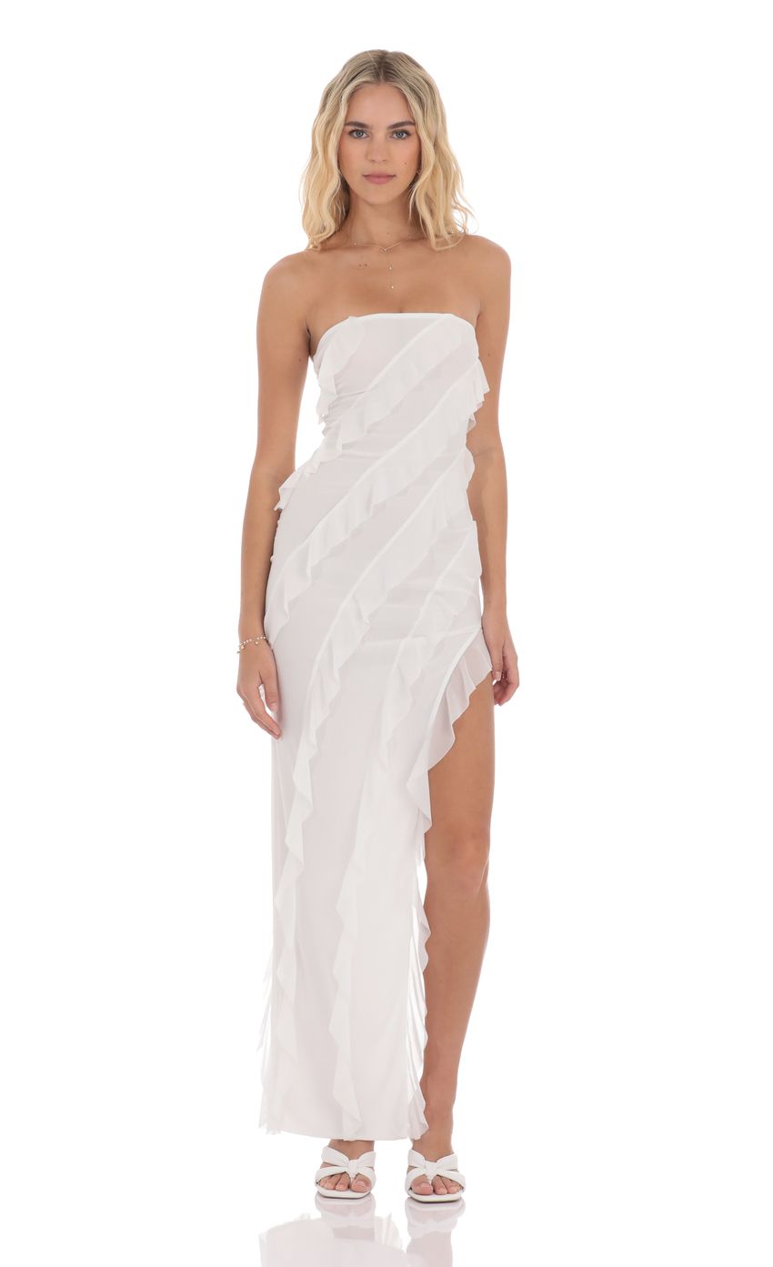 Mesh Ruffle Strapless Maxi Dress in White