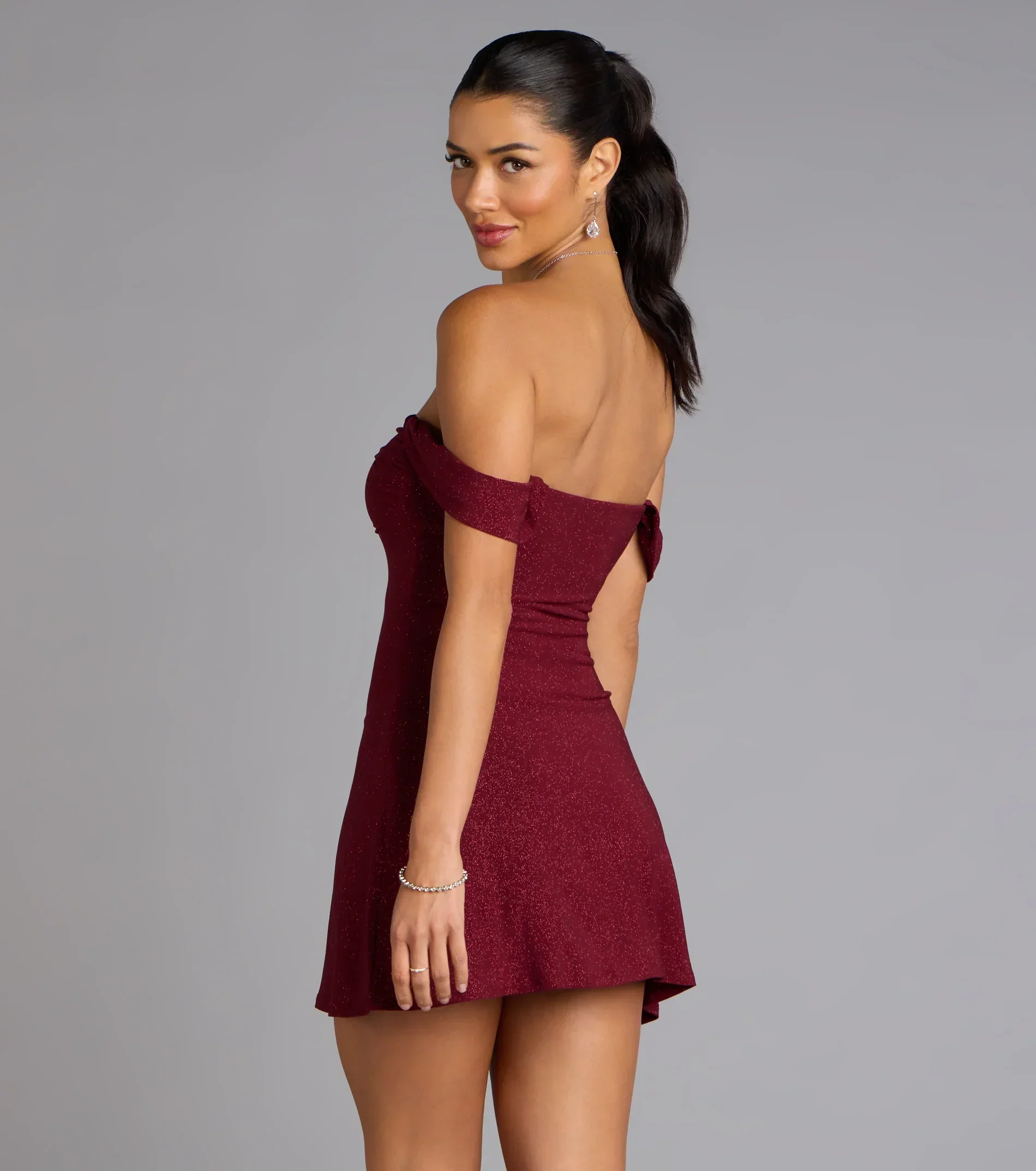 Classic Glitz Glitter Knit Off-The-Shoulder Mini Dress