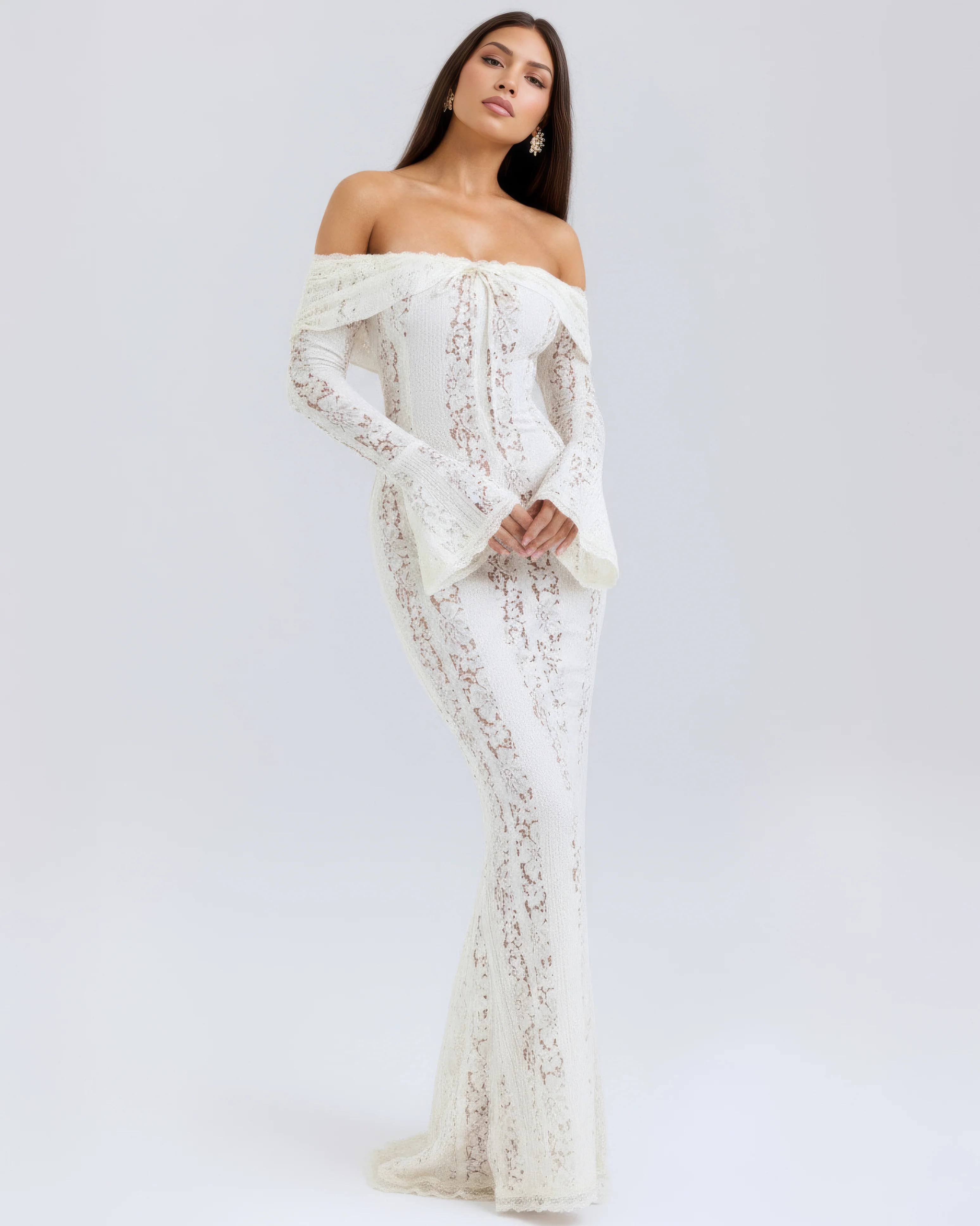 White Lace Maxi Dress with Off-Shoulder Neckline & Sweeping Godet
