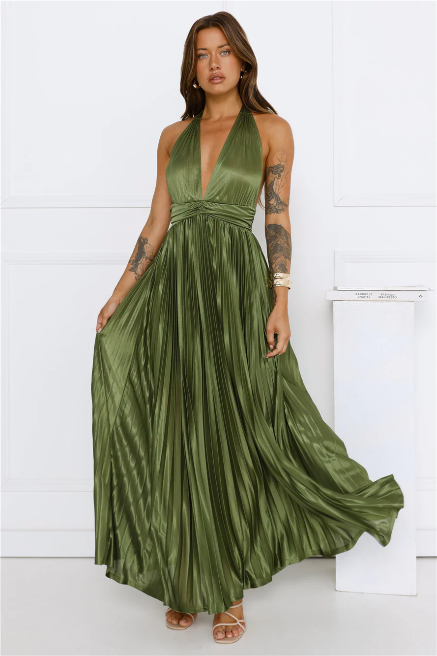 Shimmering Sea Pleated Halter Maxi Dress Olive