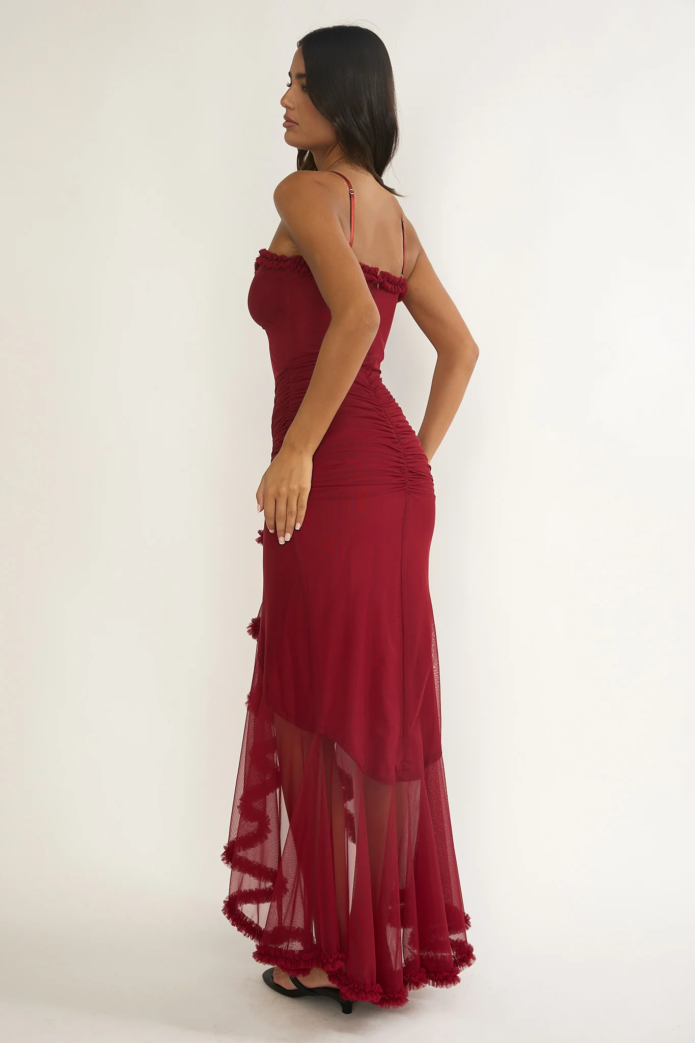 Noelia Gathered Waist Frill Trim Maxi Dress Wine