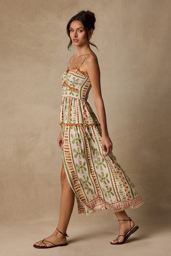 Fiora Cream Multi Boho Print Ruffled Midi Dress
