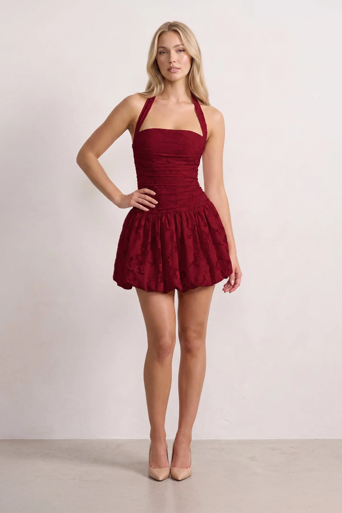 Pink Halter Jacquard Chiffon A-Line Homecoming Dress