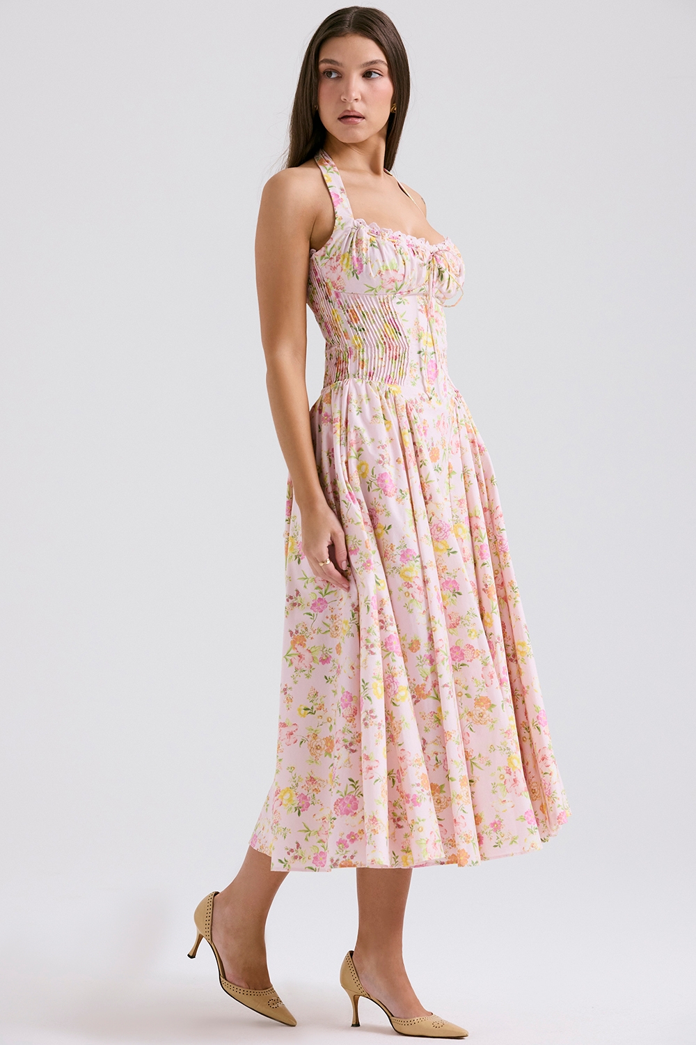 Pink Meadow Print Cotton Halter Midi Sundress