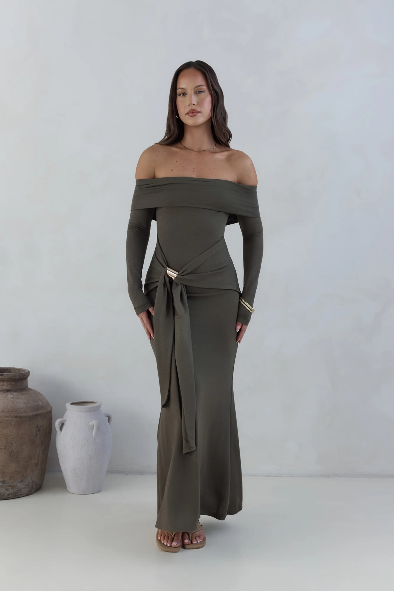 The Getaway Edit Off Shoulder Maxi Dress Olive