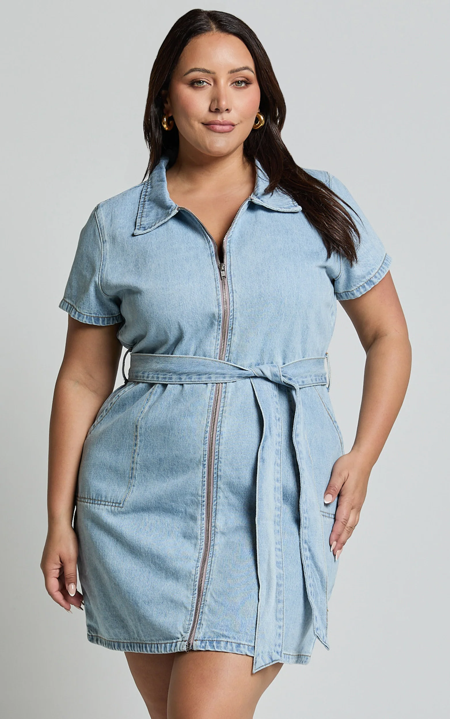 Nandini Mini Dress - Zip Through Denim Dress in Light Blue Wash