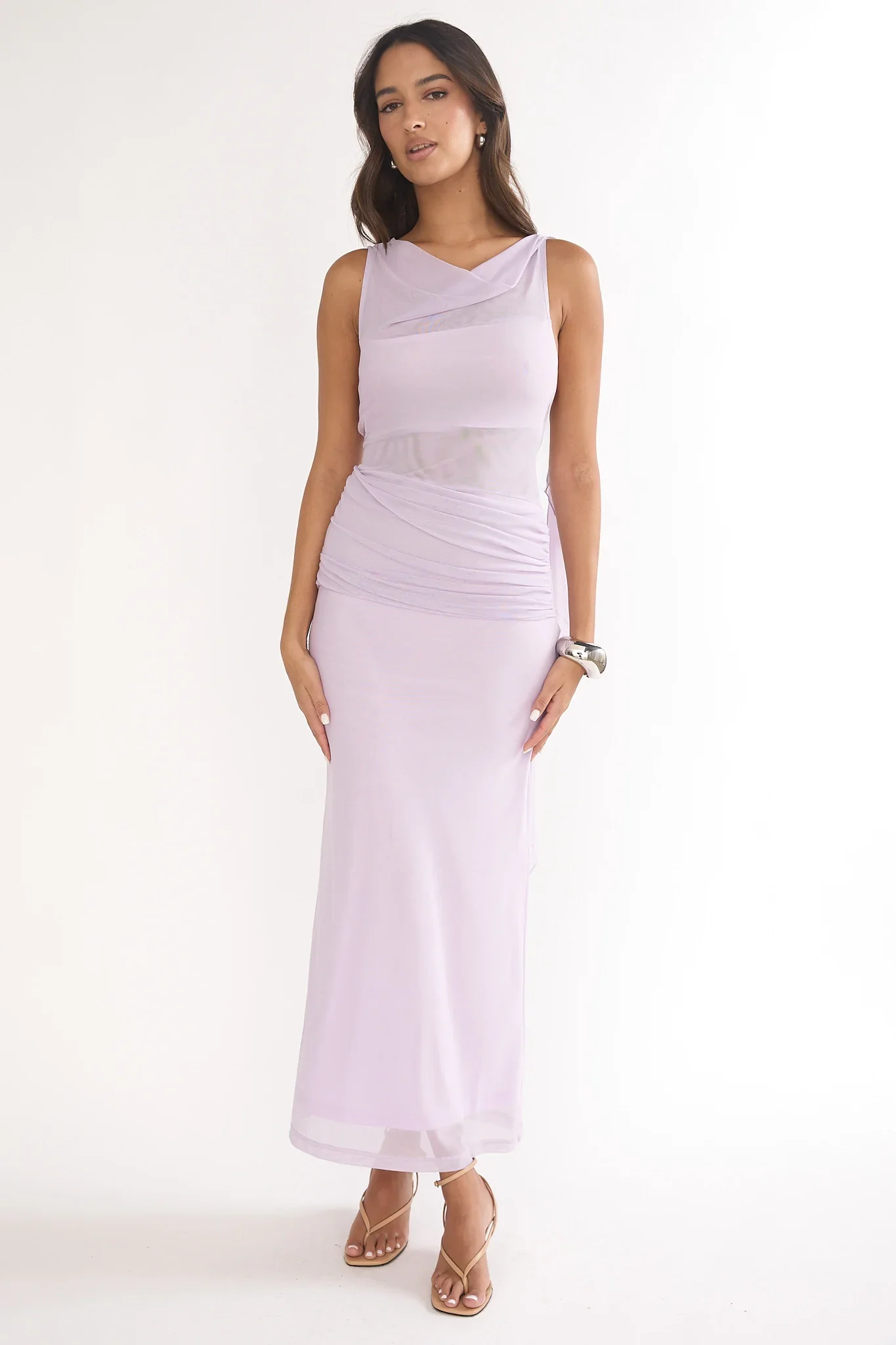 Saffra Shoulder Sash Ruched Maxi Dress Lilac