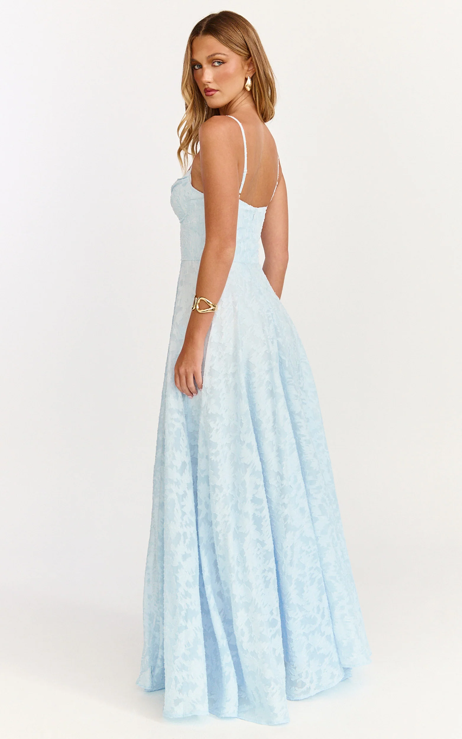 Rachel Maxi Dress Sweetheart Neckline Jacquard Front Split Dress in Ice Blue - luluinthesky