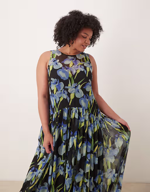 Curve racer neck smock maxi dress in dark based floral