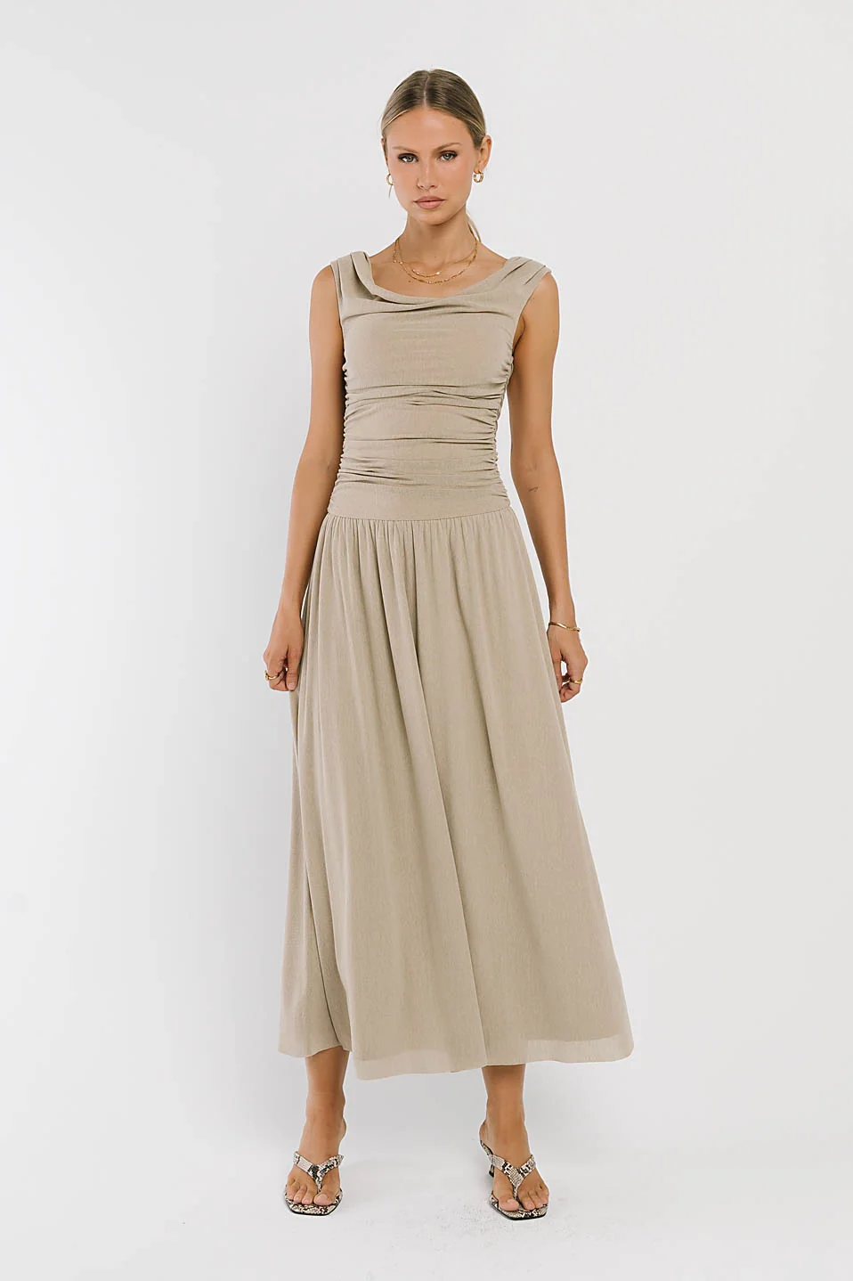 Luna Ruched Maxi Dress in Taupe