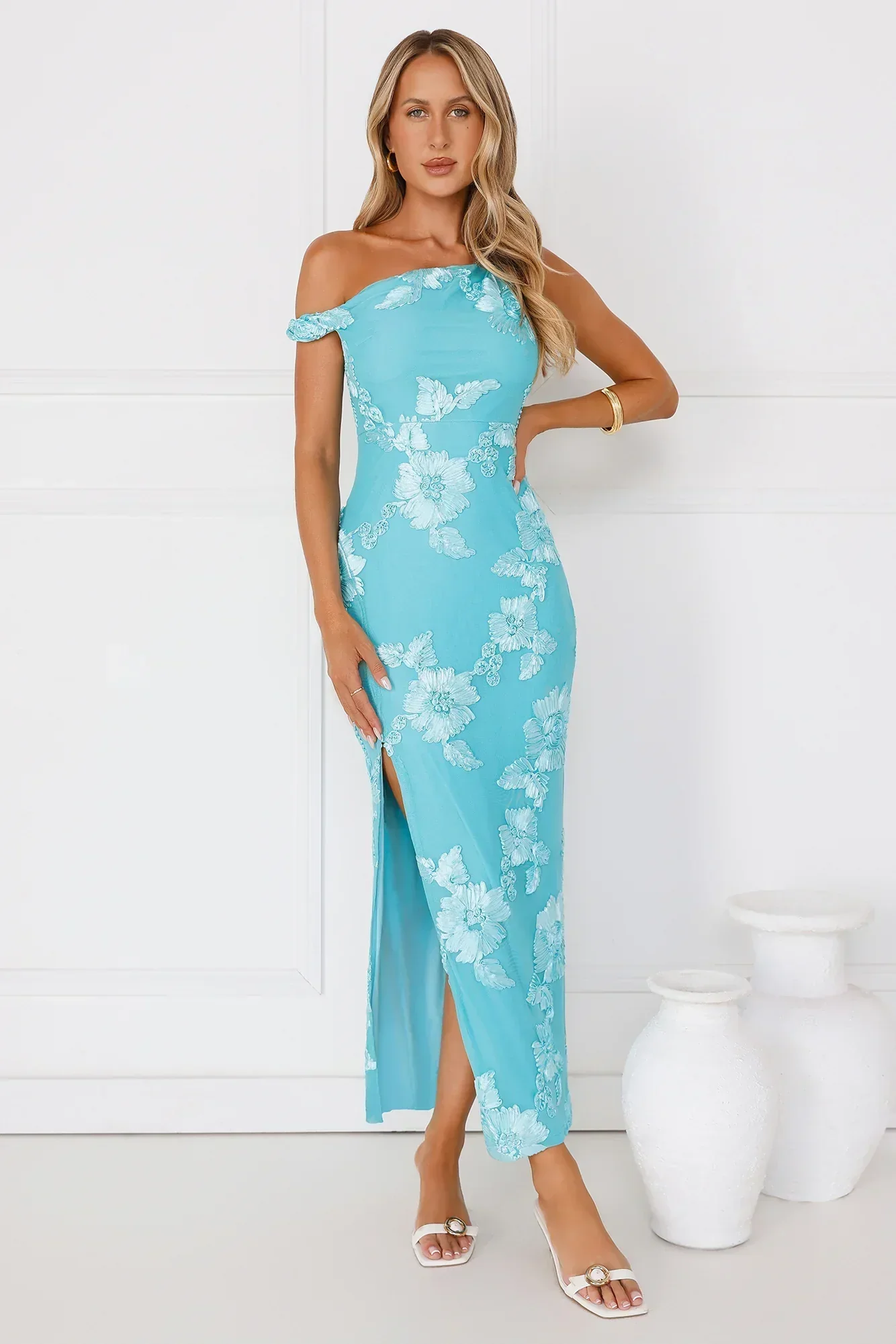 Billions Off Shoulder Mesh Maxi Dress