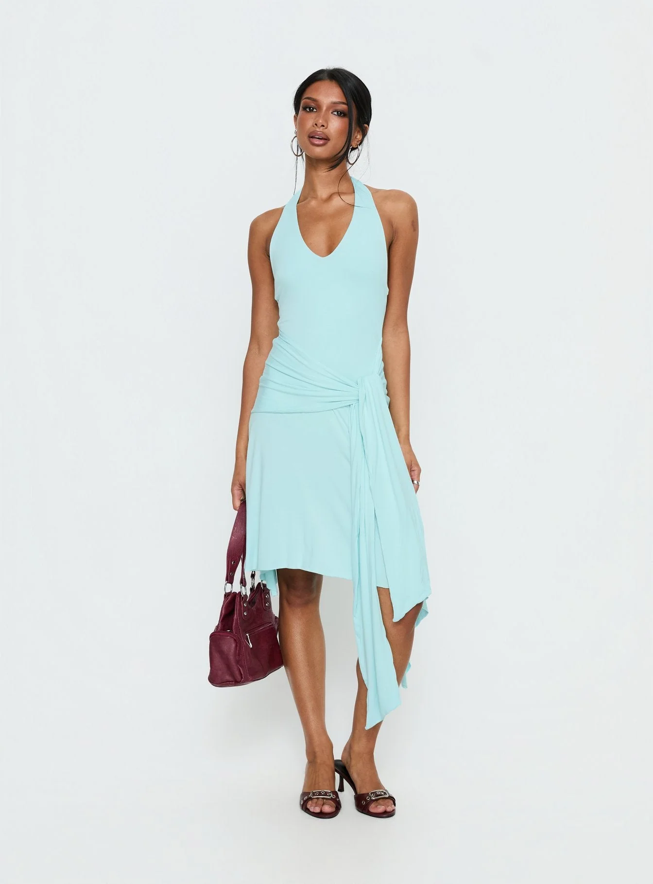 Moonlit Honey Asymmetrical Halter Jersey Midi Dress Turquoise