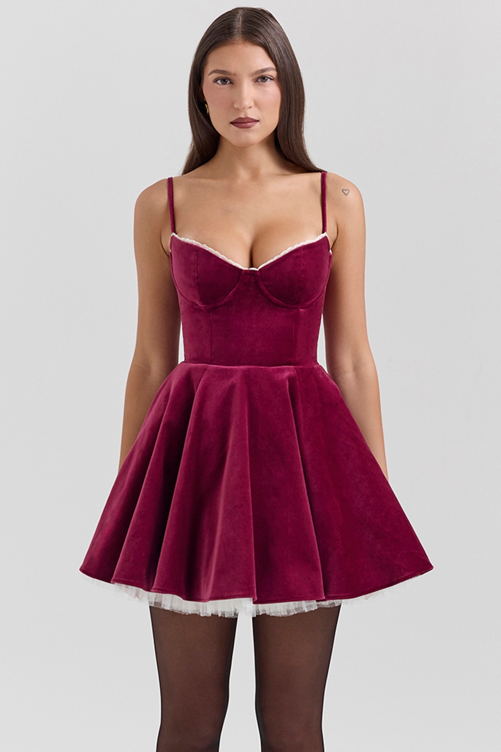 Burgundy Velvet Tulle Mini Dress