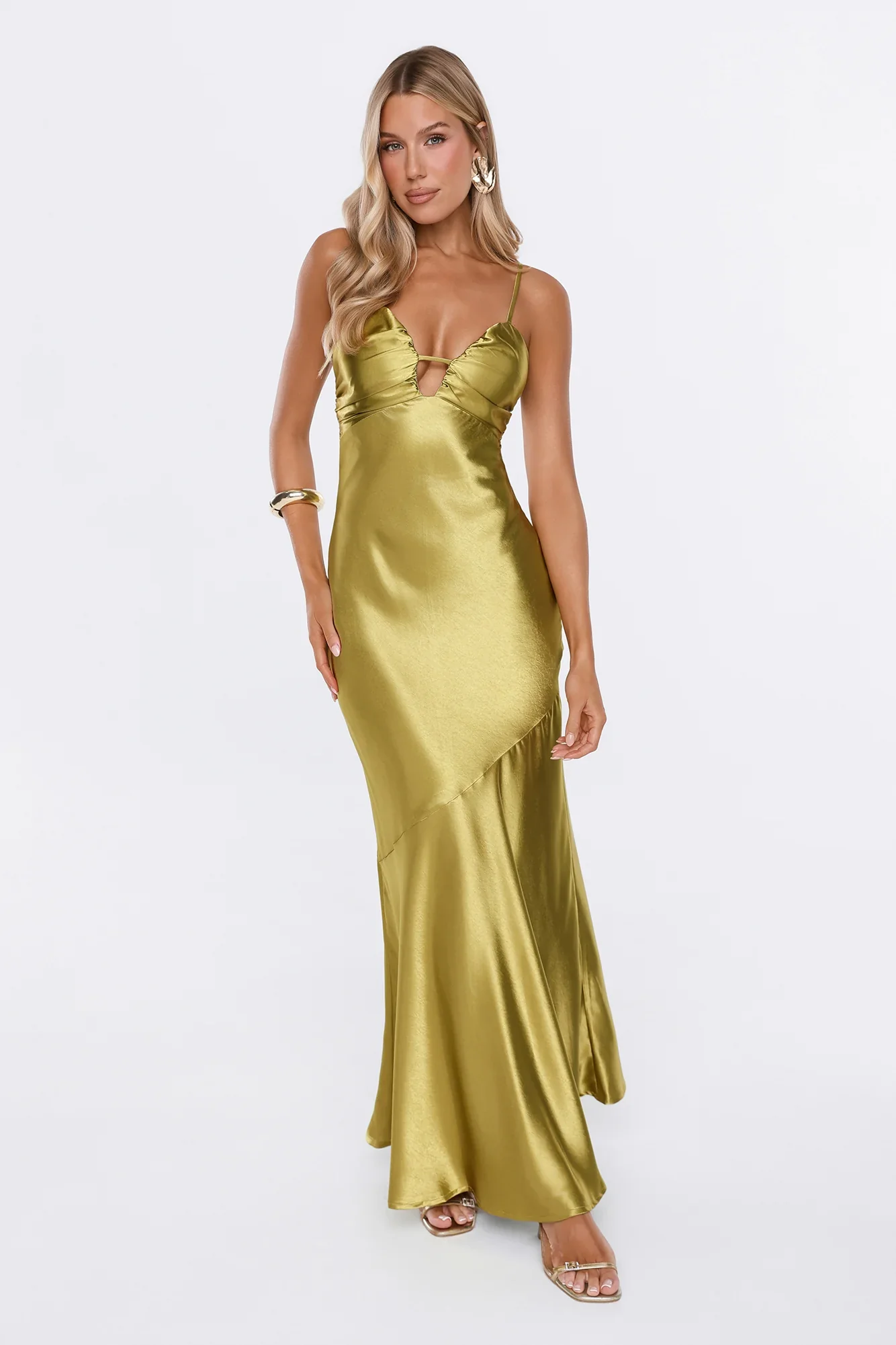 She Gets It Satin Maxi Dress Olive