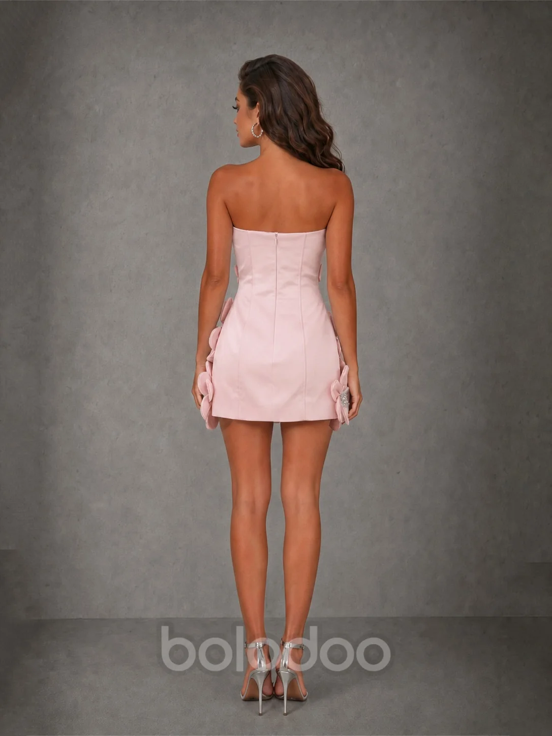 BOLODOO Blush Pink 3D Floral Strapless Mini Dress with Crystal Embellishments
