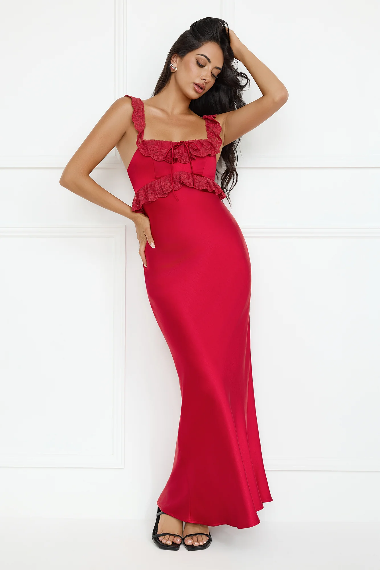 Waltzing In Romance Satin Maxi Dress Red